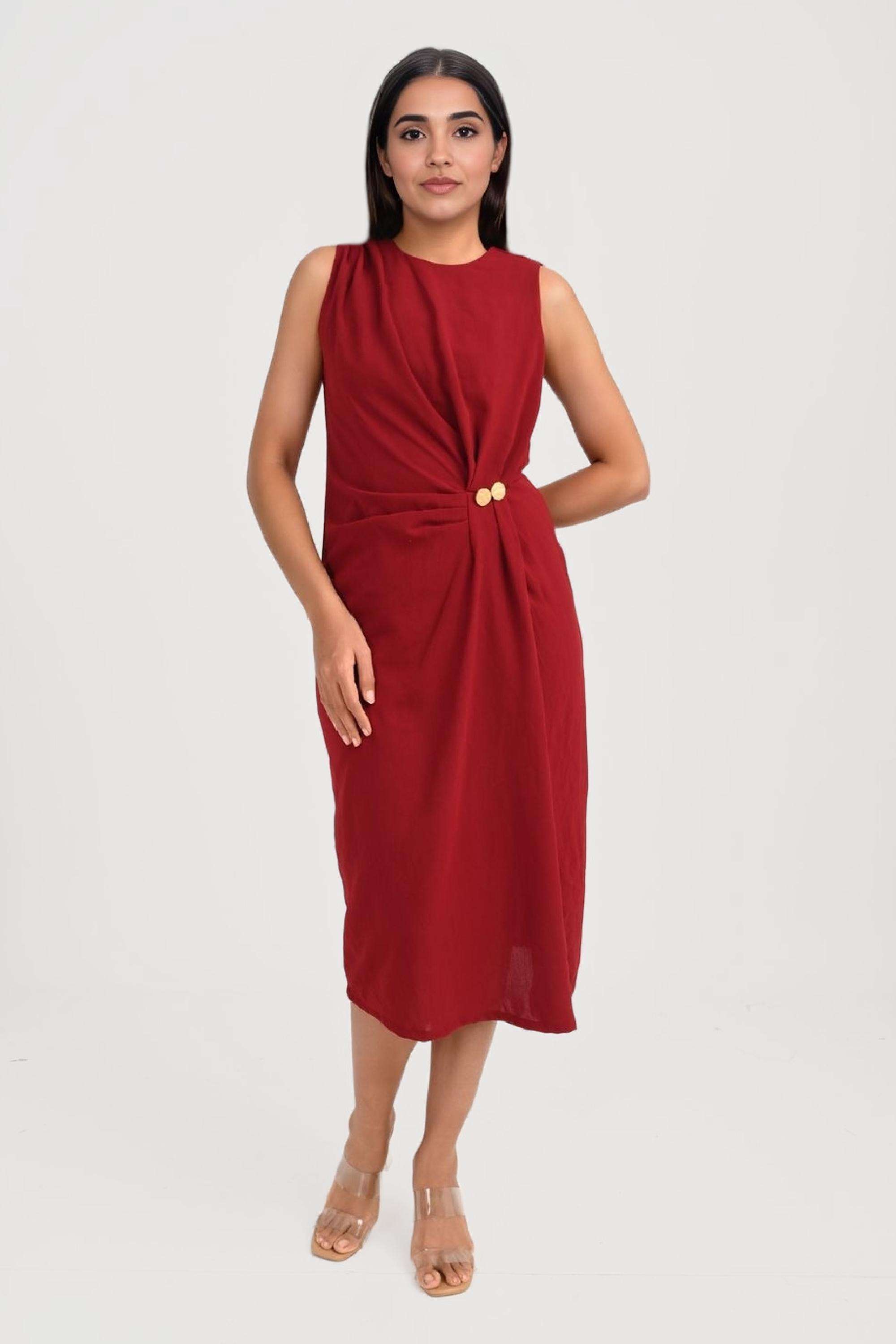 Solid-Crepe-Round-Neck-Women-s-Midi-Dress