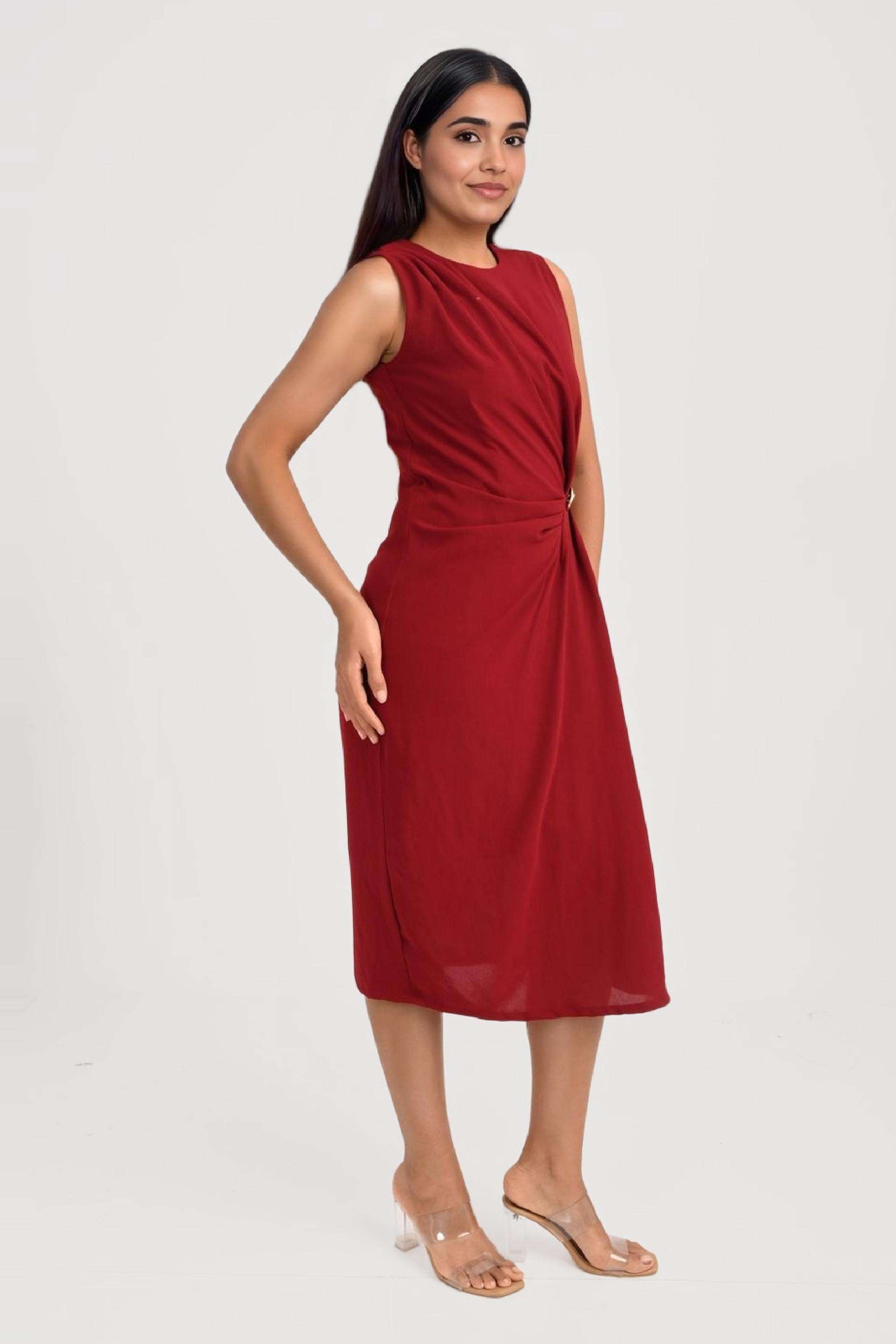 Solid-Crepe-Round-Neck-Women-s-Midi-Dress
