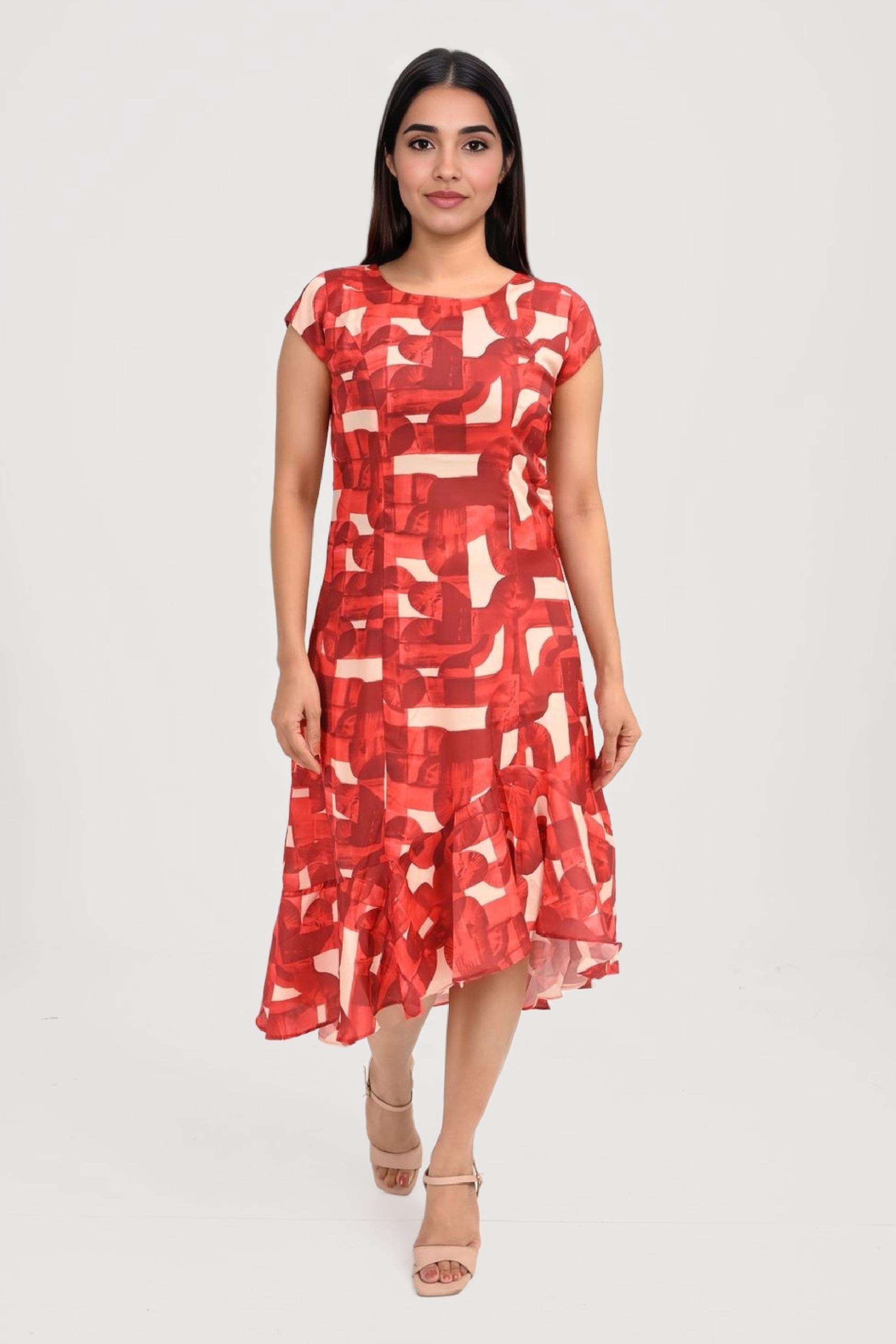 Printed-Satin-Round-Neck-Women-s-Midi-Dress