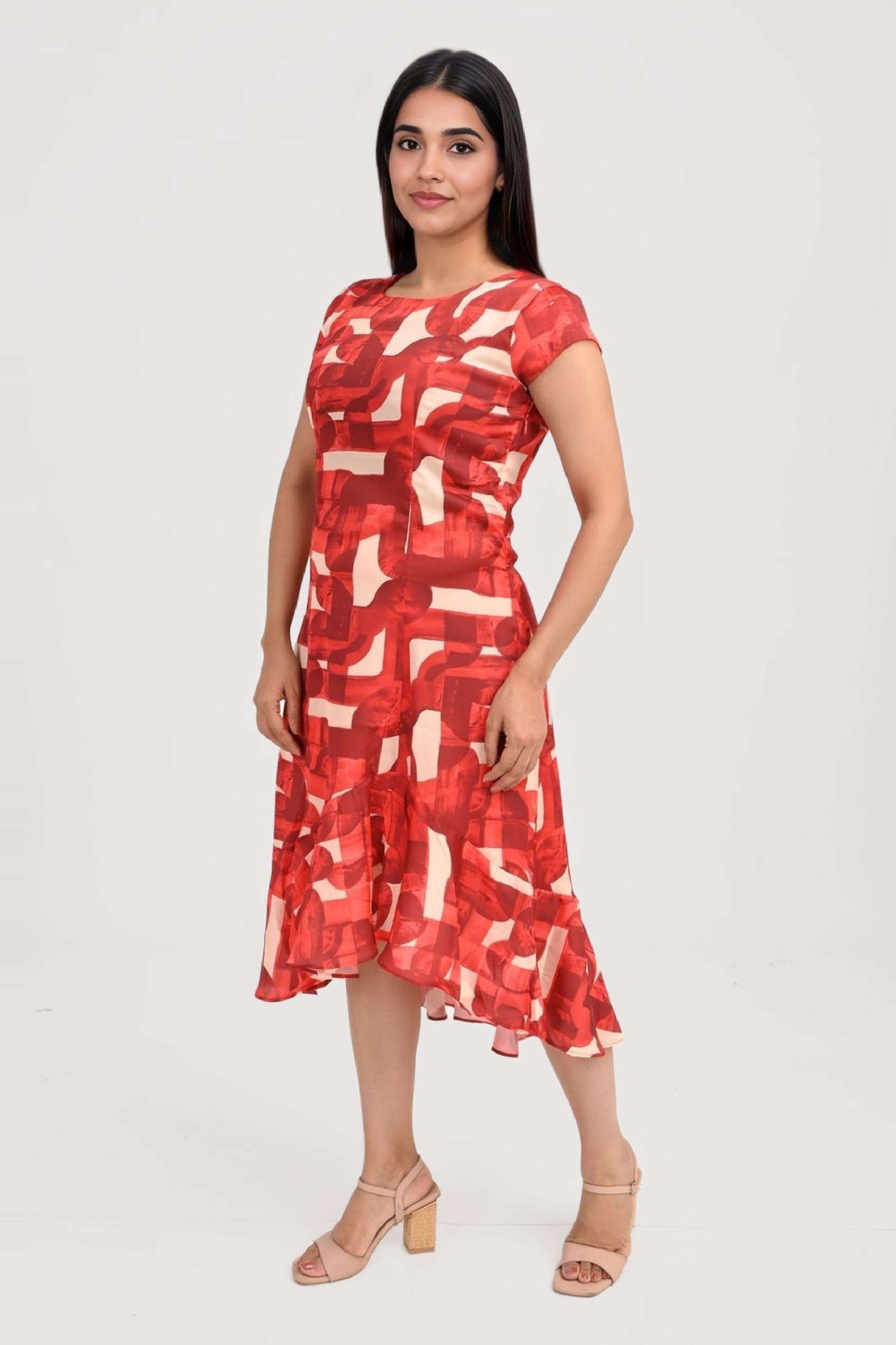 Printed-Satin-Round-Neck-Women-s-Midi-Dress