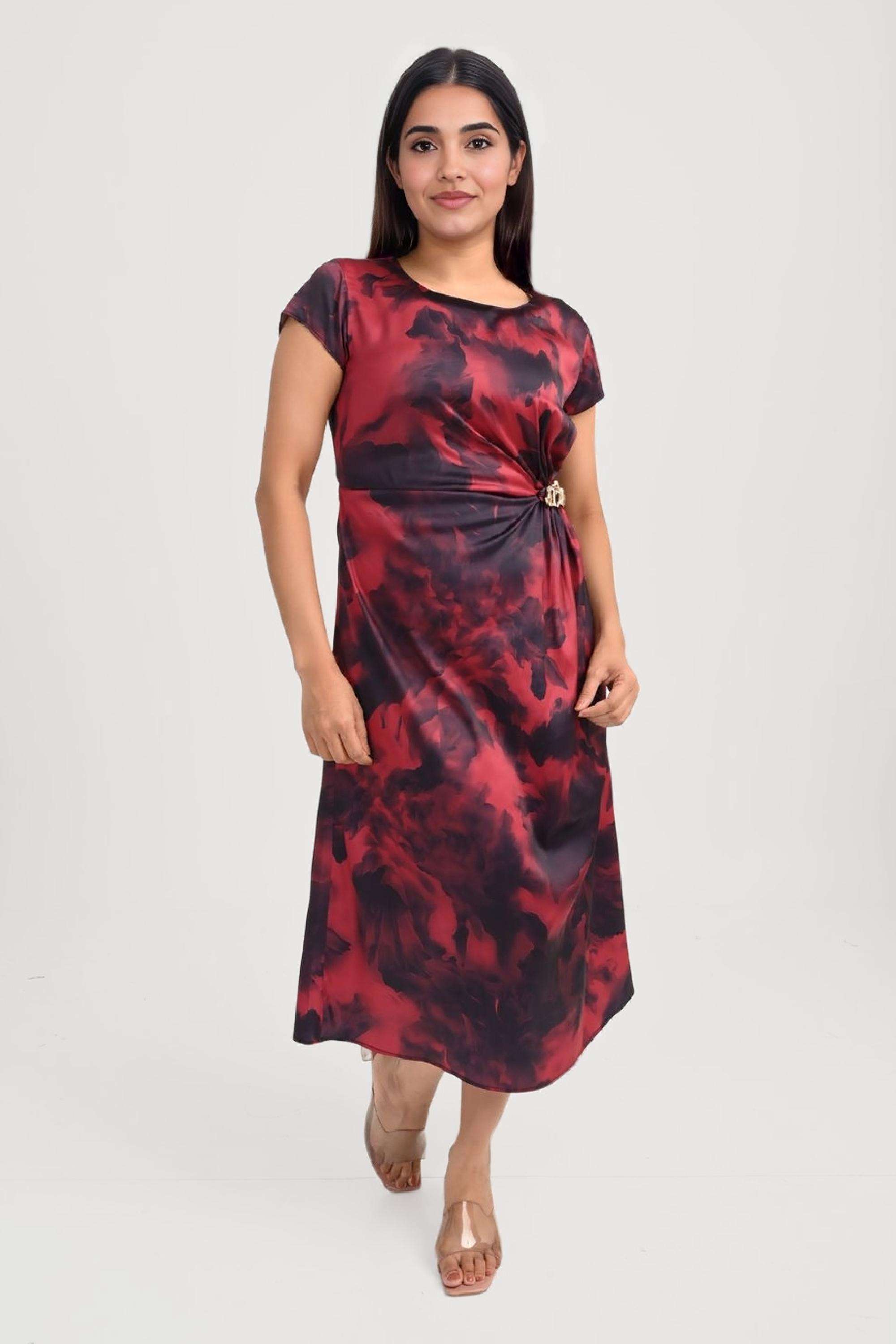 Printed-Round-Neck-Polyester-Women-Dress