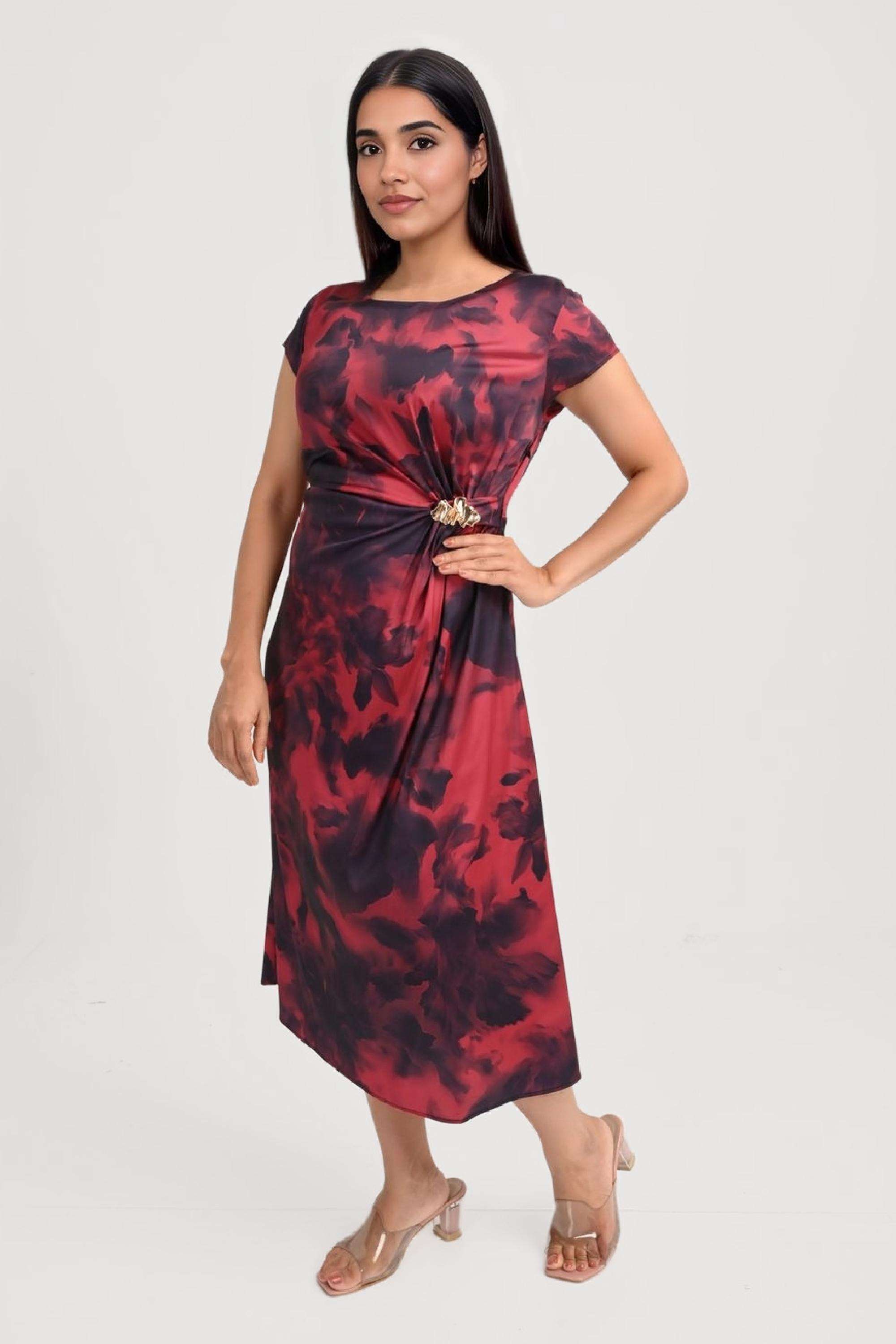 Printed-Round-Neck-Polyester-Women-Dress