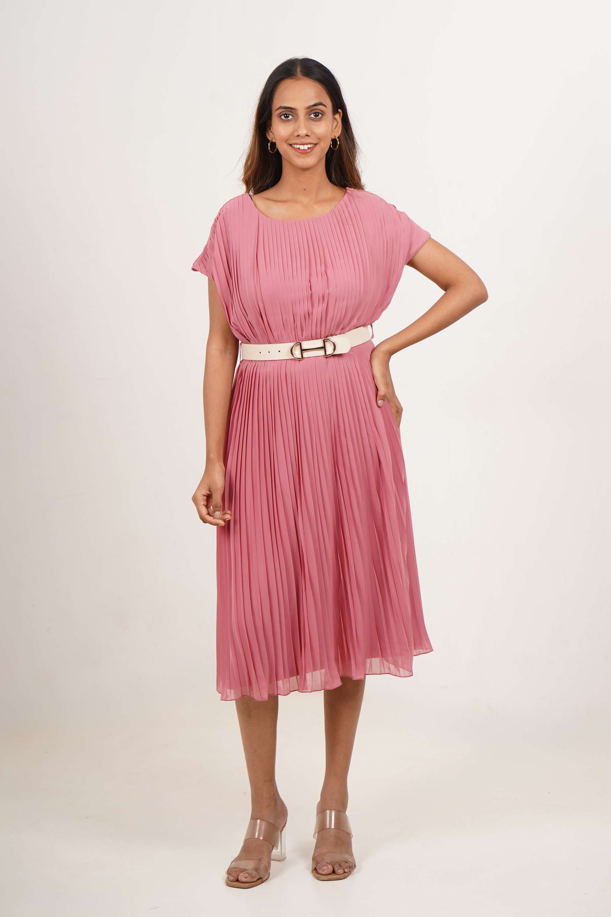 Solid-Round-Neck-Georgette-Women-Dress