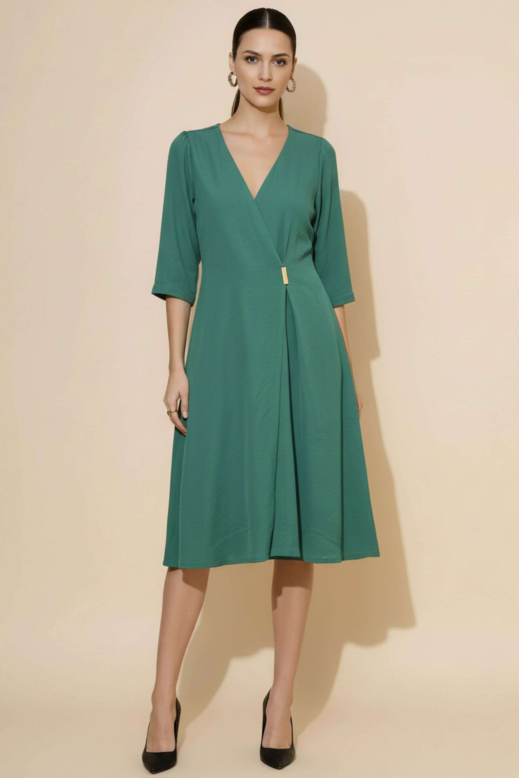 Solid-Blended-Fabric-Regular-Fit-Formal-Wear-Women-Dress