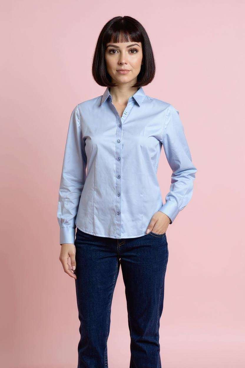 Solid-Cotton-Blend-Round-Neck-Women-Formal-Wear-Shirt