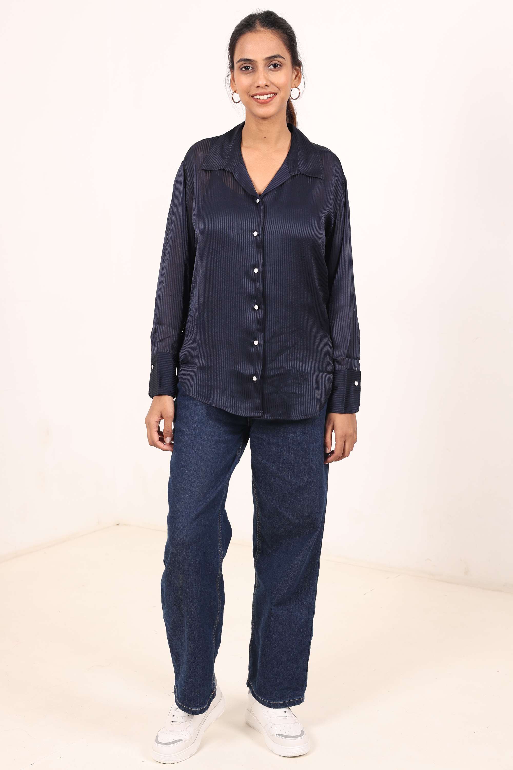 Solid-Classic-Collar-Polyester-Women-s-Casual-Wear-Shirt