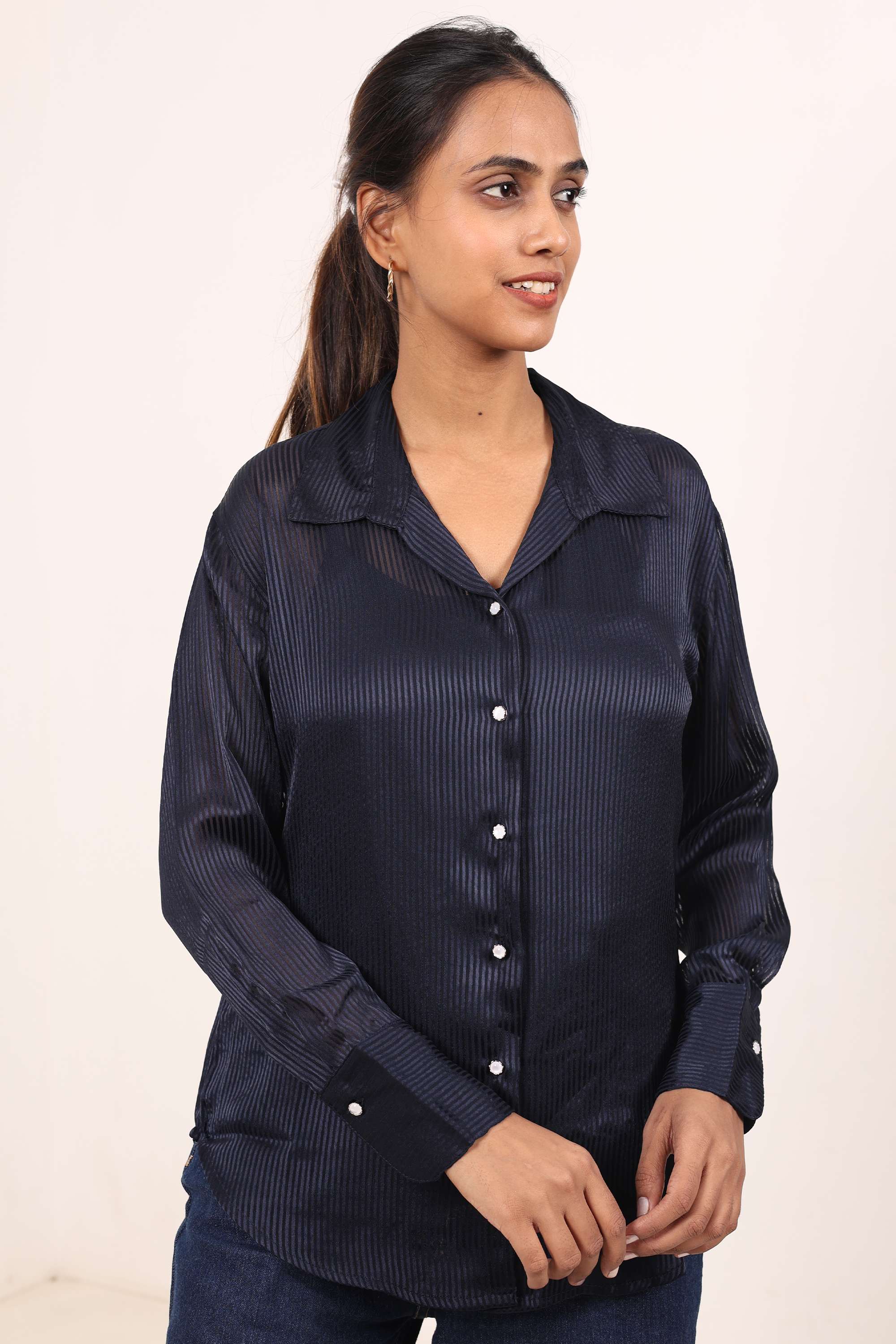 Solid-Classic-Collar-Polyester-Women-s-Casual-Wear-Shirt