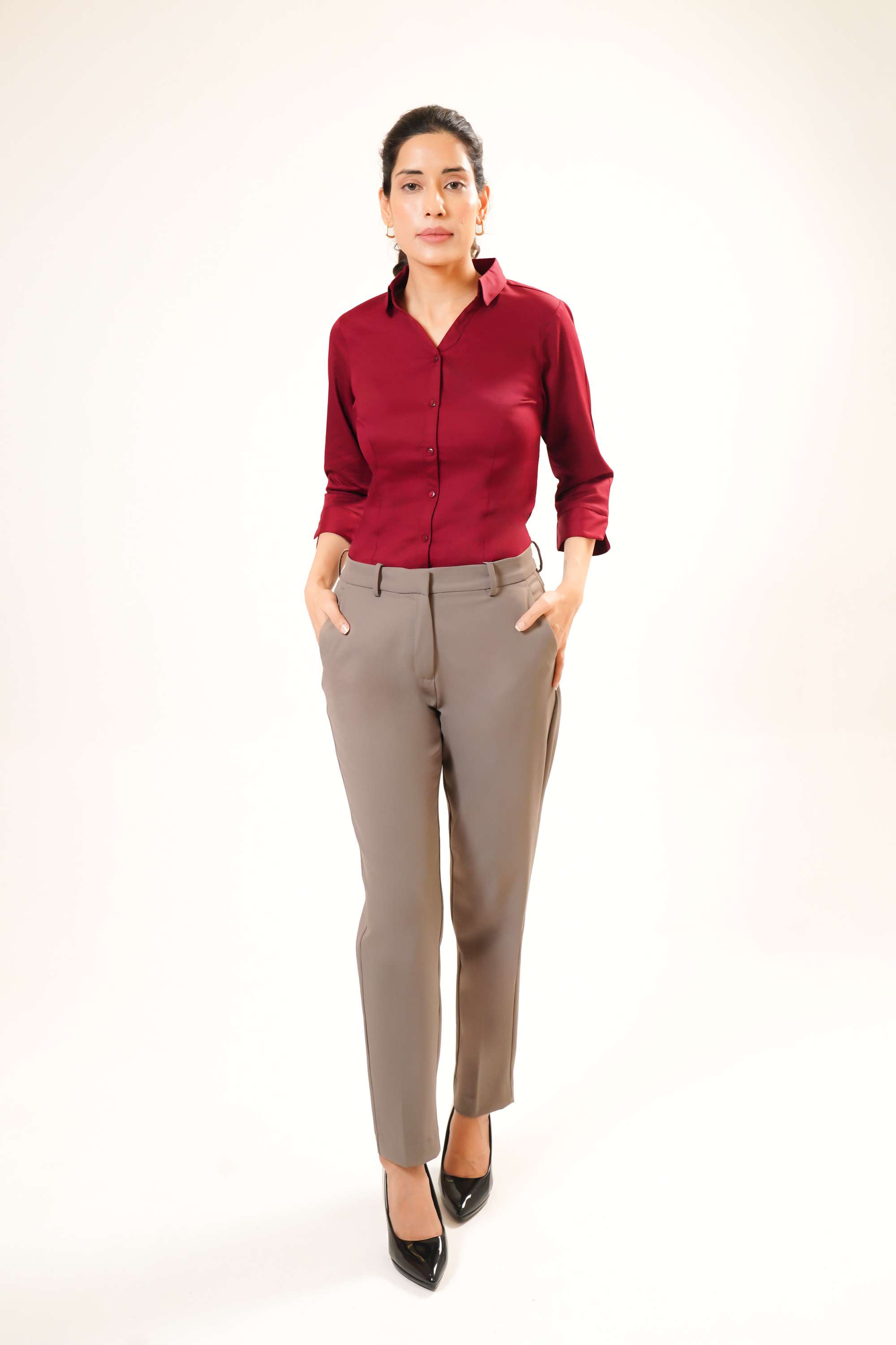 Solid-Cotton-Blend-Collared-Women-Formal-Wear-Shirt