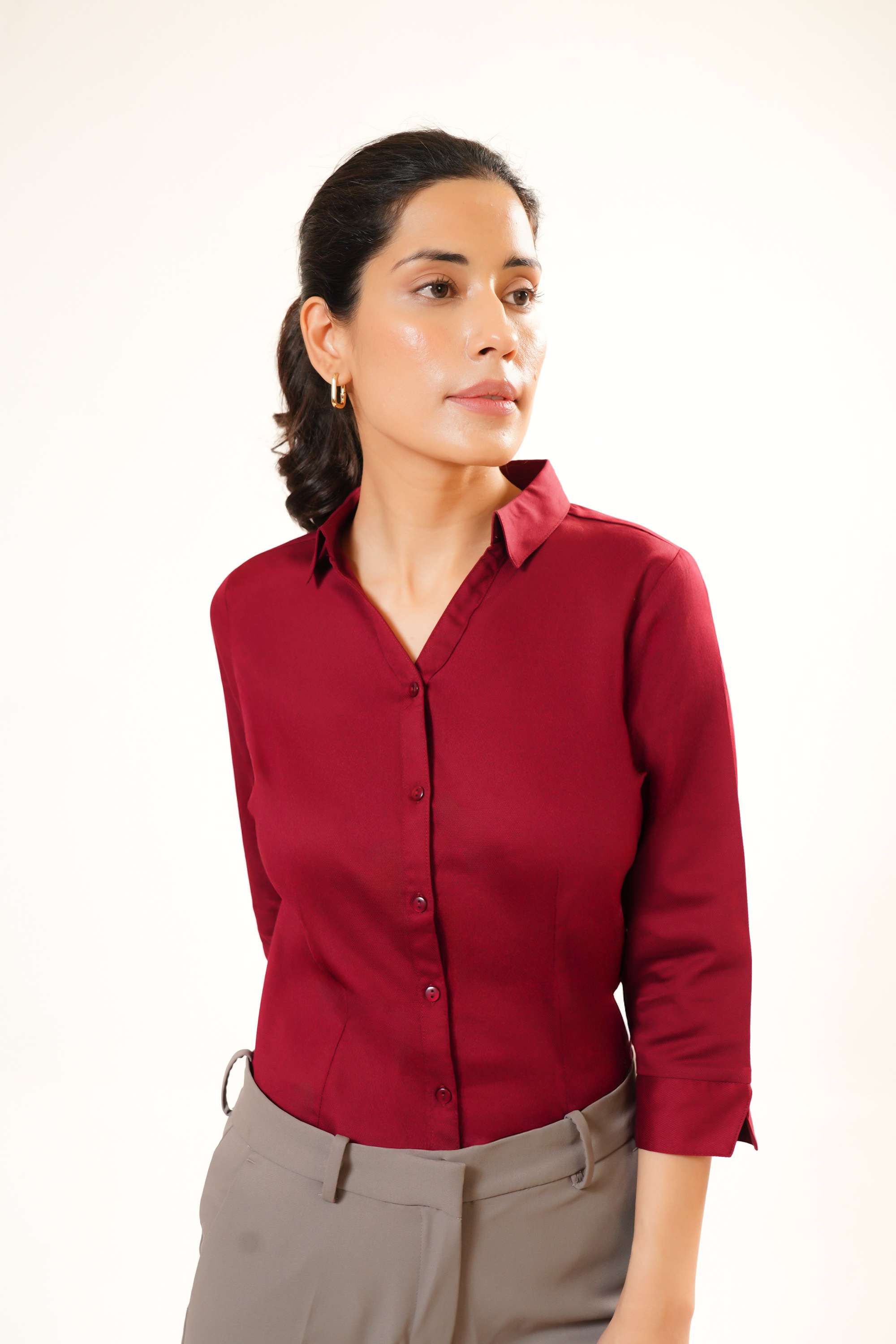 Solid-Cotton-Blend-Collared-Women-Formal-Wear-Shirt