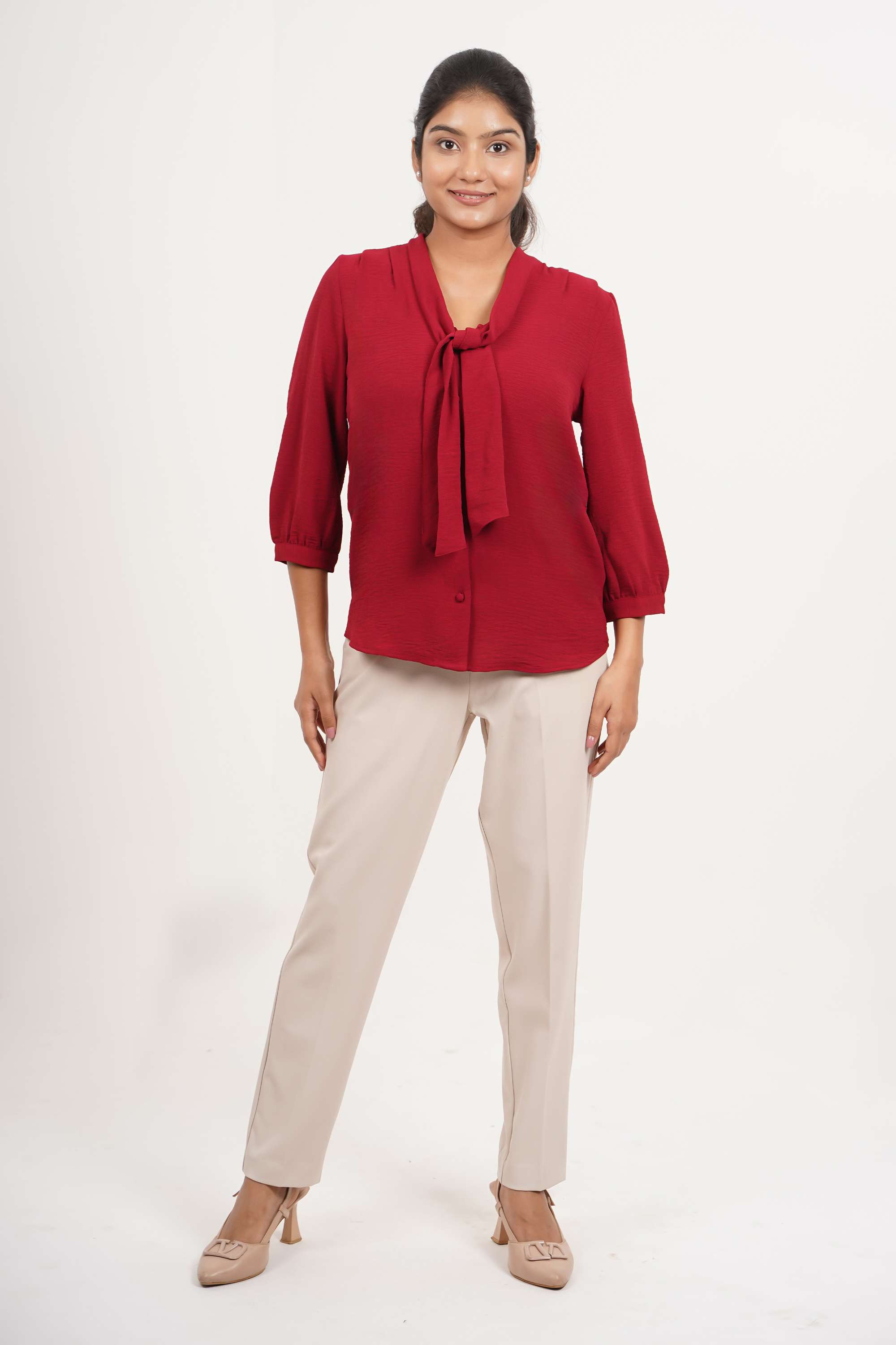 Solid-Collared-Polyester-Women-Casual-Wear-Shirt