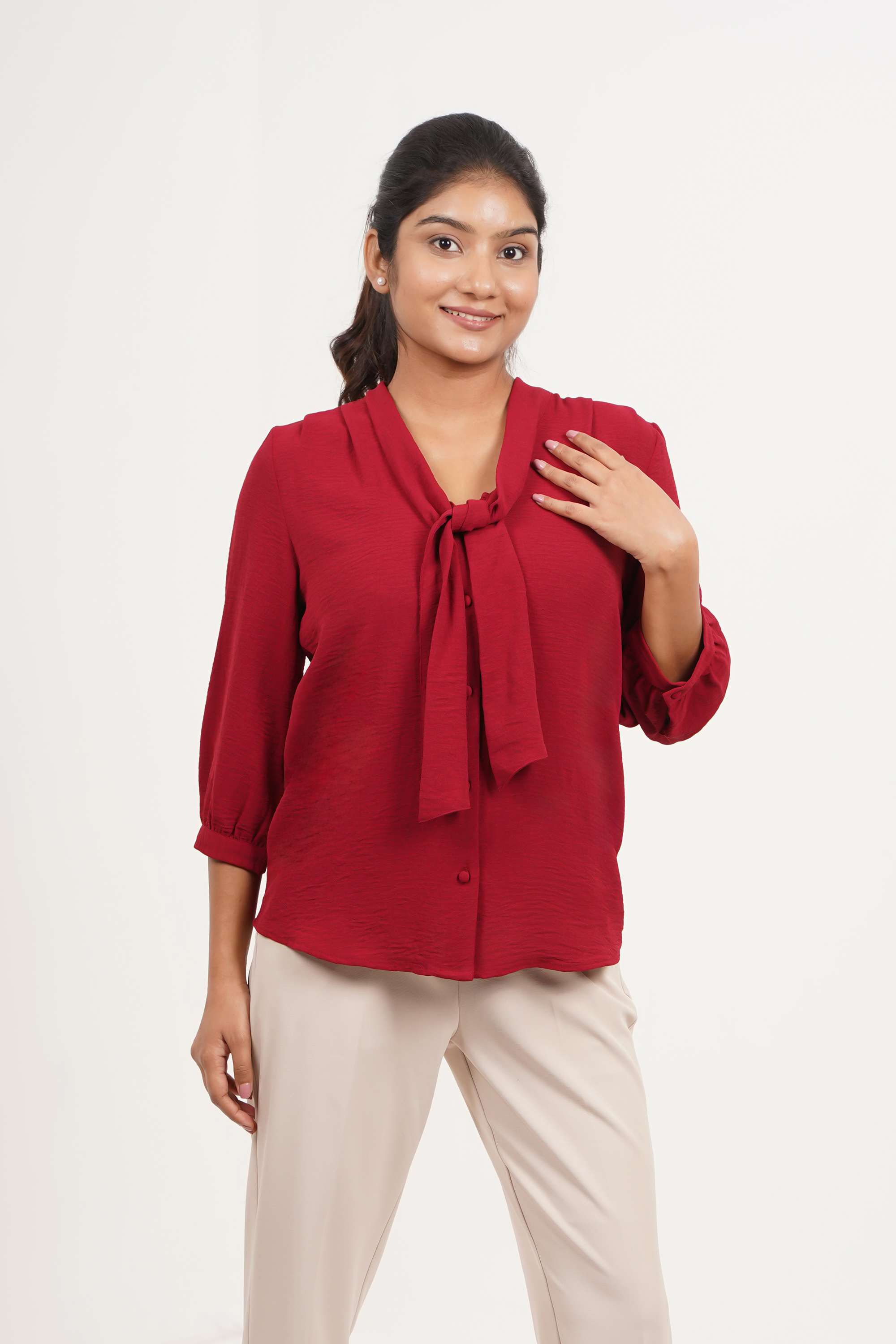 Solid-Collared-Polyester-Women-Casual-Wear-Shirt