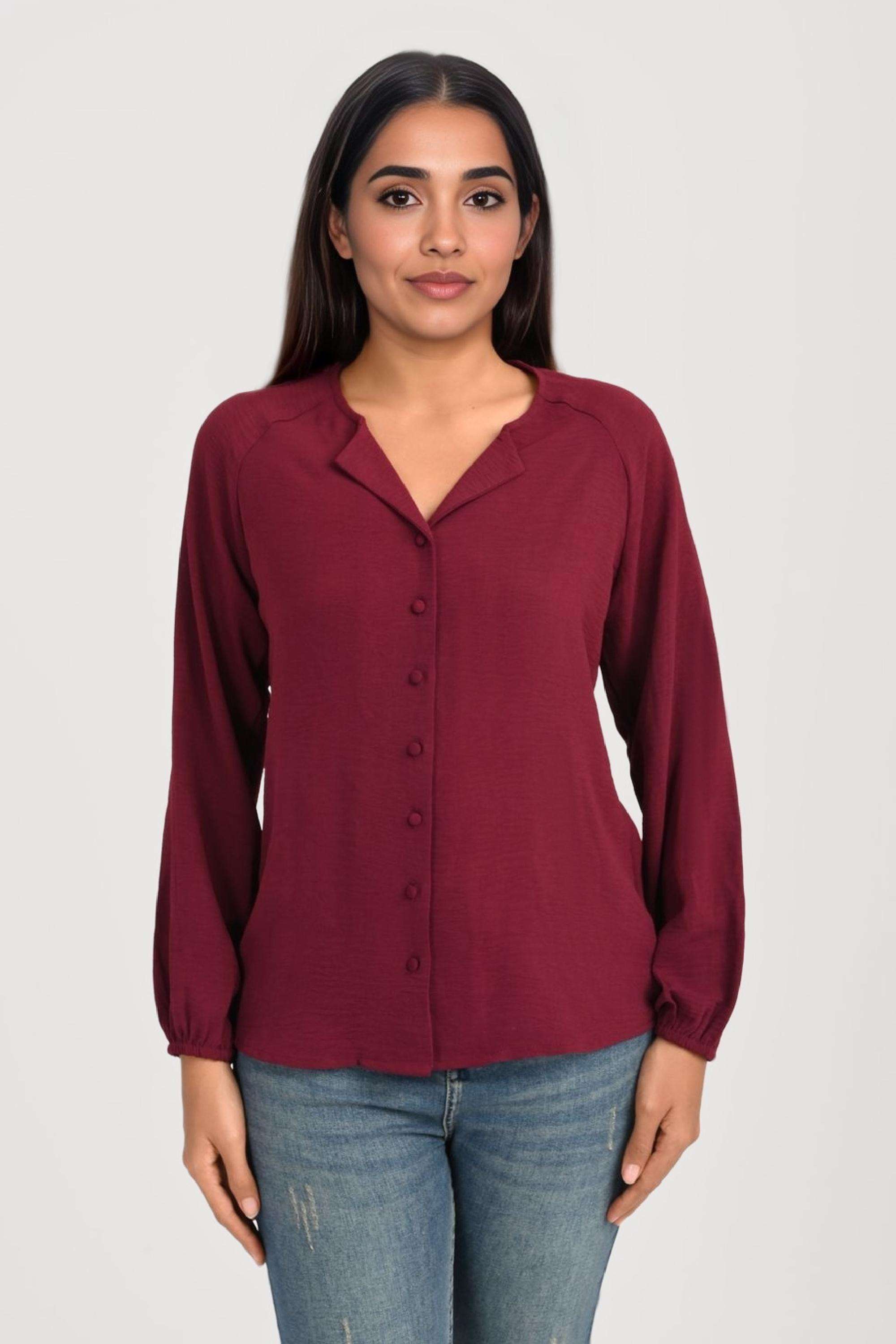 Solid-Blended-Fabric-Collared-Women-s-Shirt