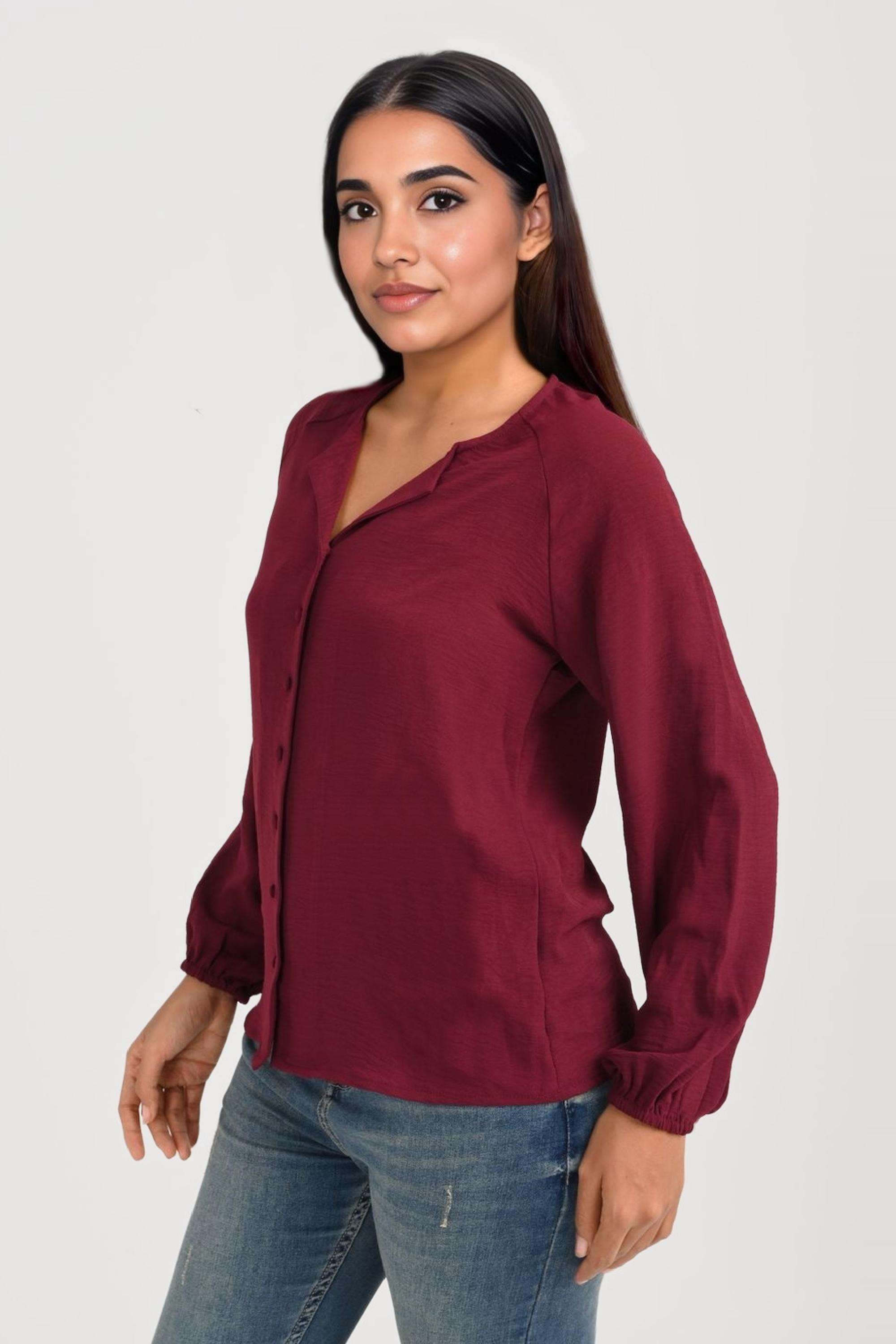 Solid-Blended-Fabric-Collared-Women-s-Shirt