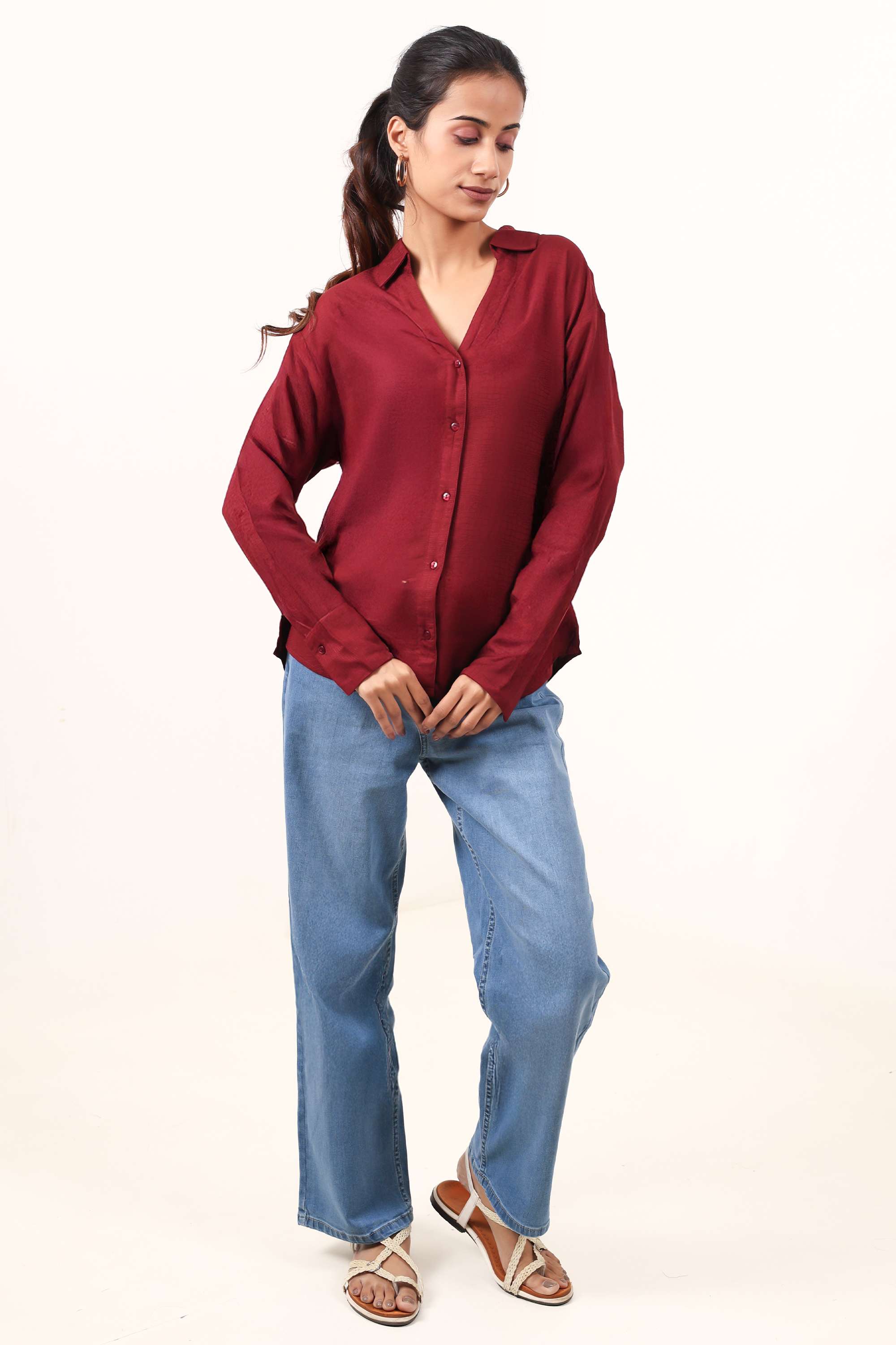 Solid-Collared-Blended-Fabric-Women-s-Formal-Wear-Shirt