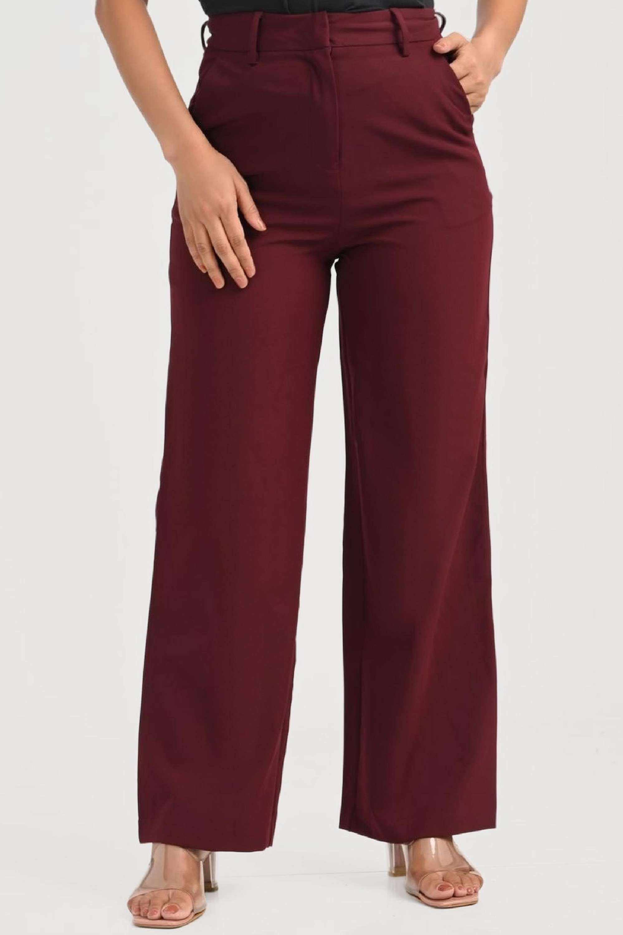 Solid-Blended-Fabric-Regular-Fit-Women-s-Pants