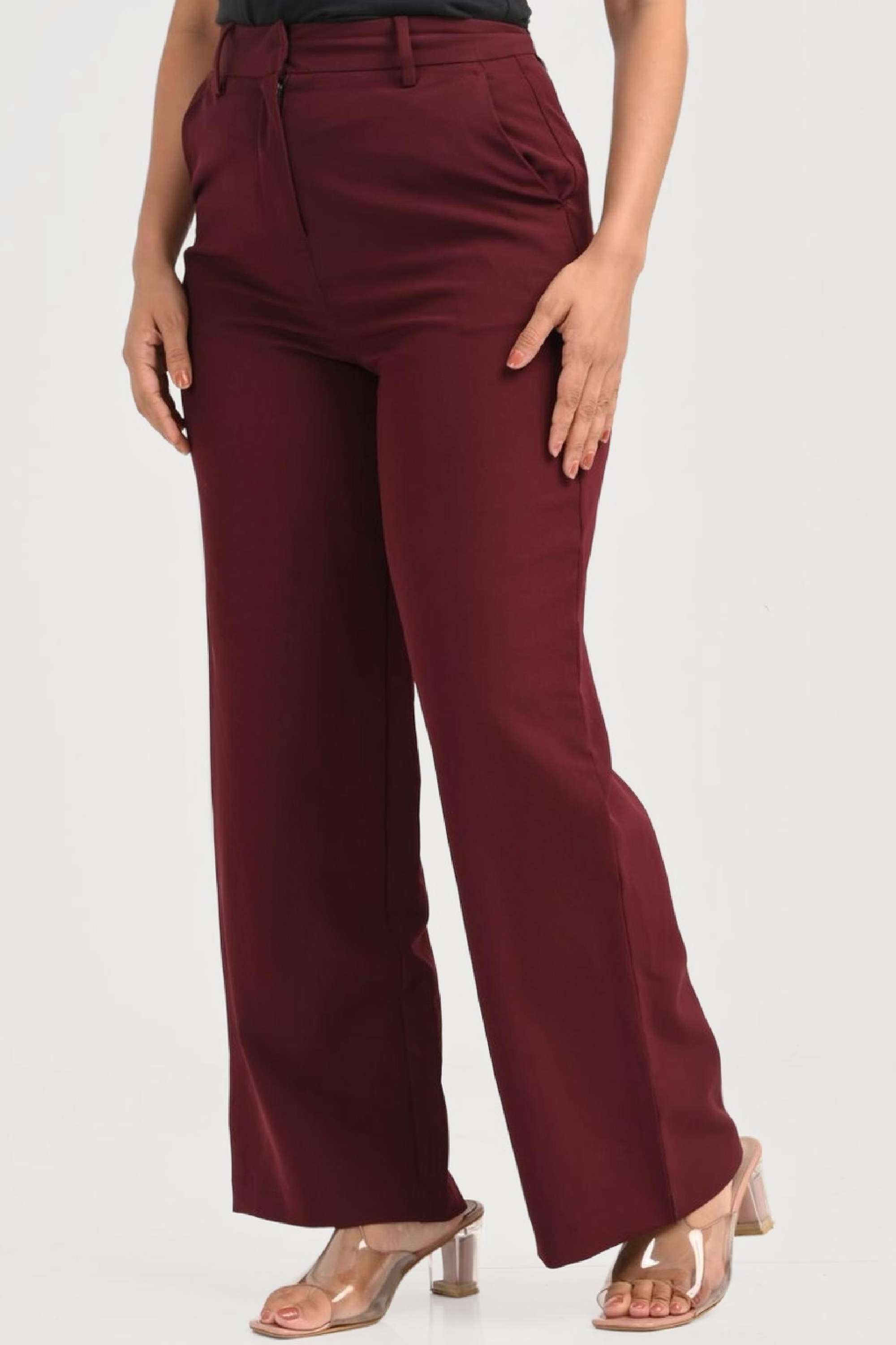 Solid-Blended-Fabric-Regular-Fit-Women-s-Pants