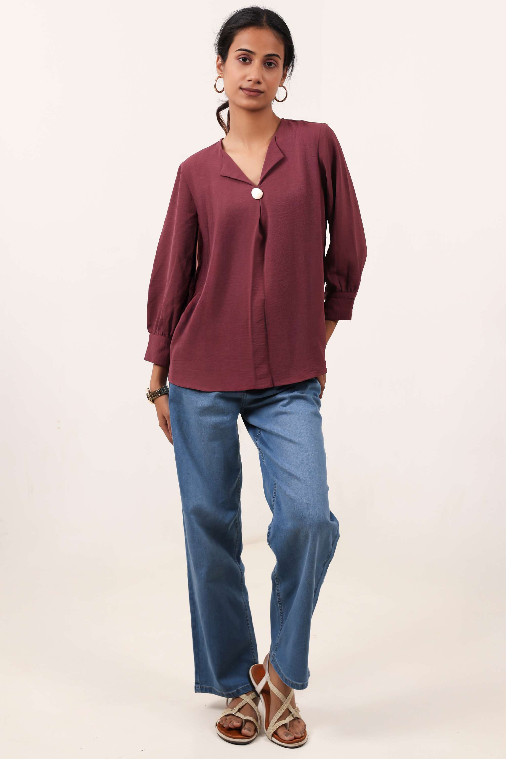 Solid-Crepe-Round-Neck-Women-s-Top