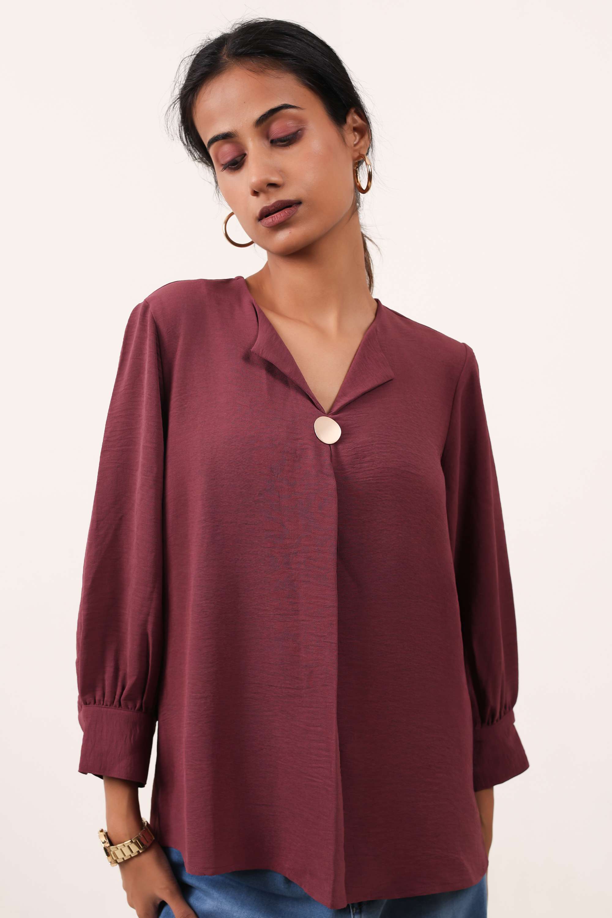 Solid-Crepe-Round-Neck-Women-s-Top