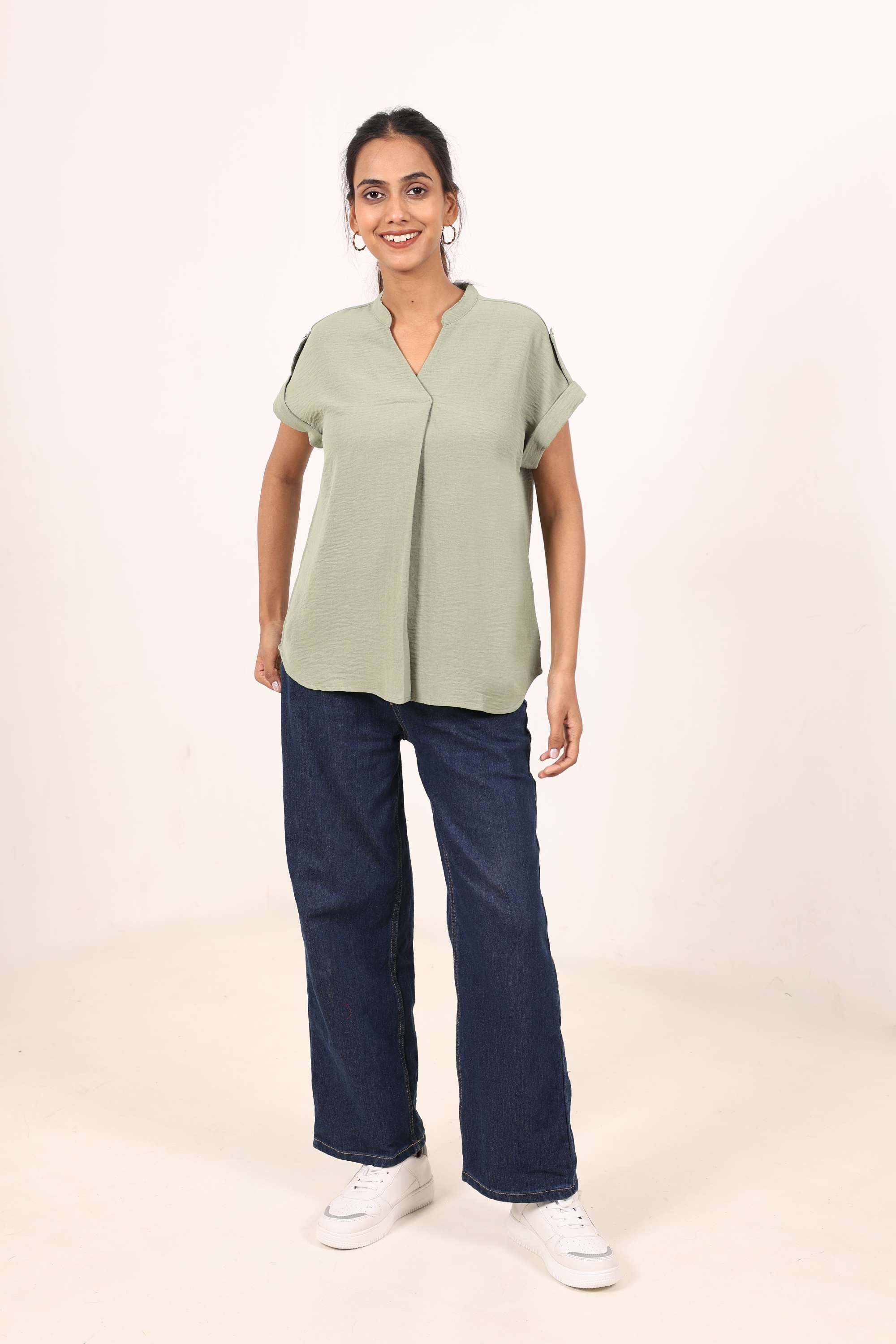 Solid-Crepe-Round-Neck-Women-s-Top