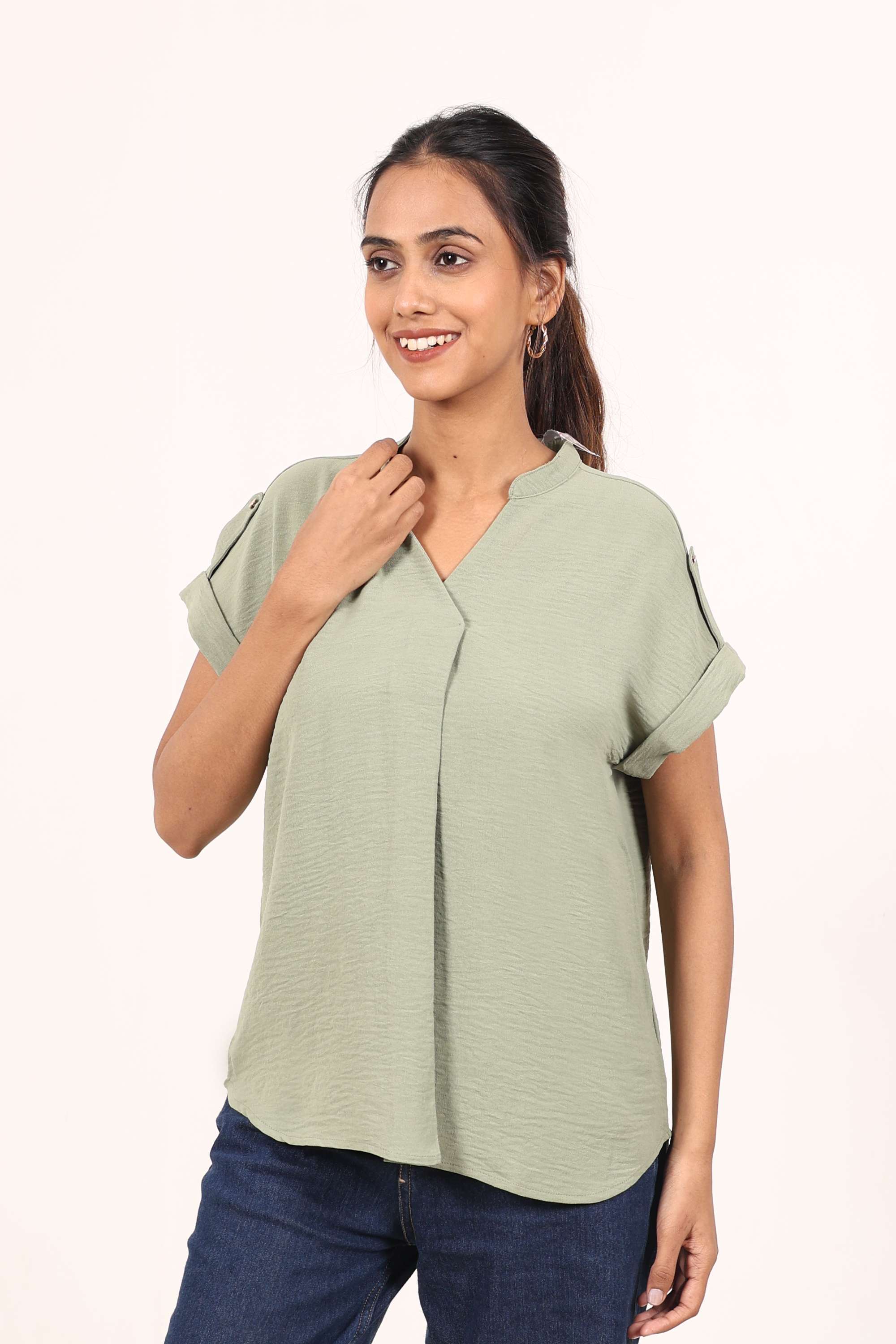 Solid-Crepe-Round-Neck-Women-s-Top