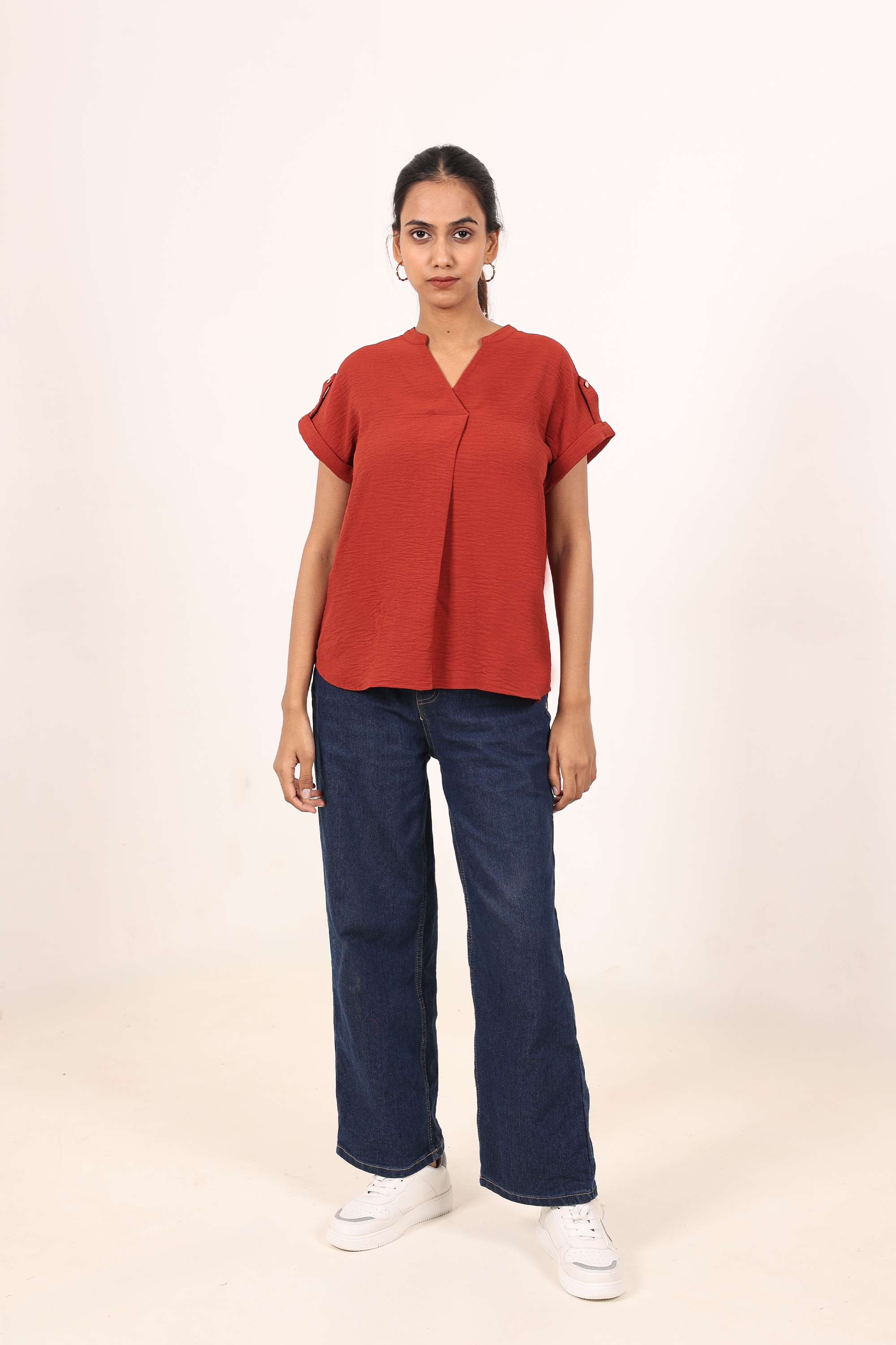 Solid-Crepe-Round-Neck-Women-s-Top