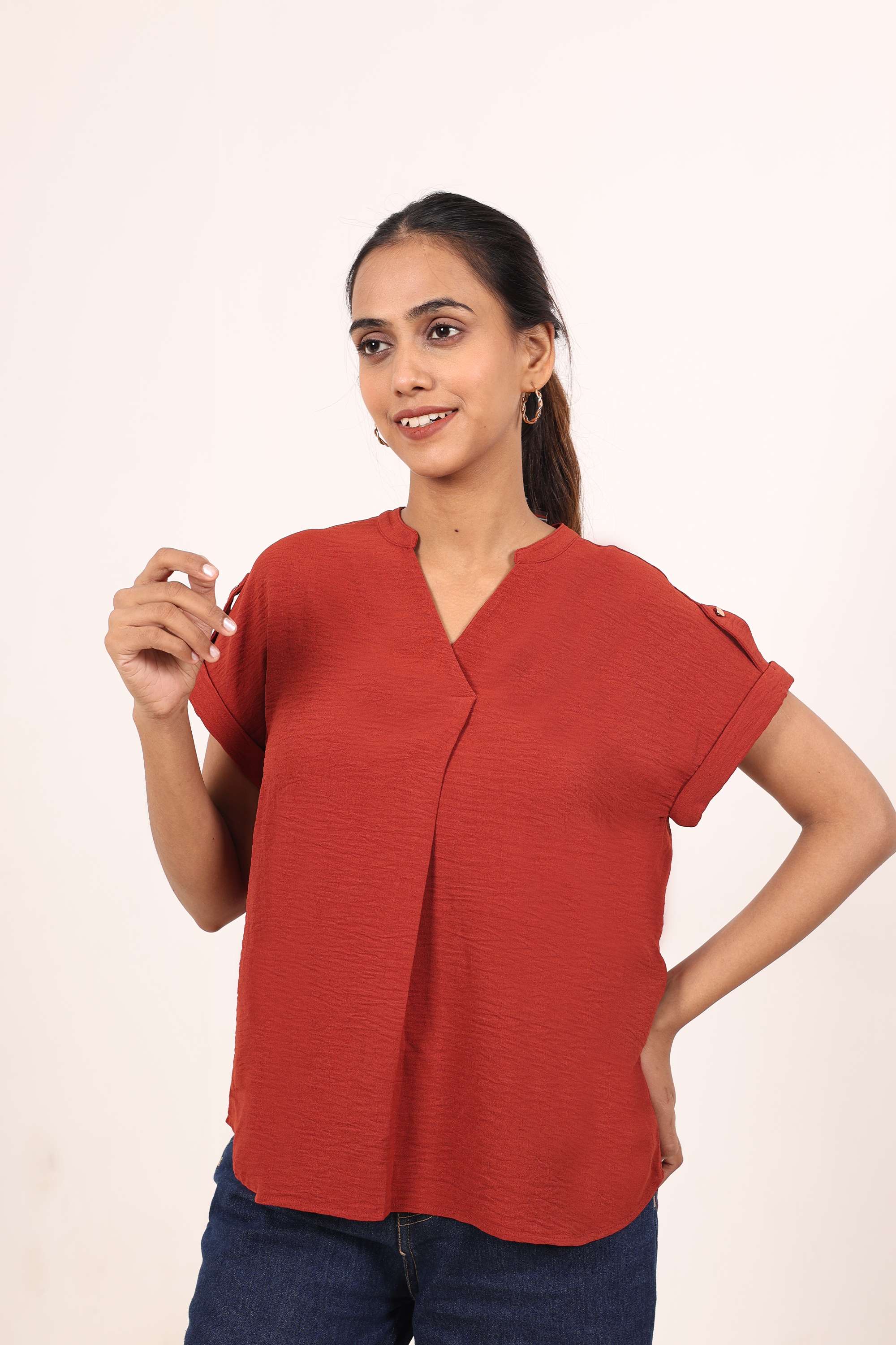 Solid-Crepe-Round-Neck-Women-s-Top