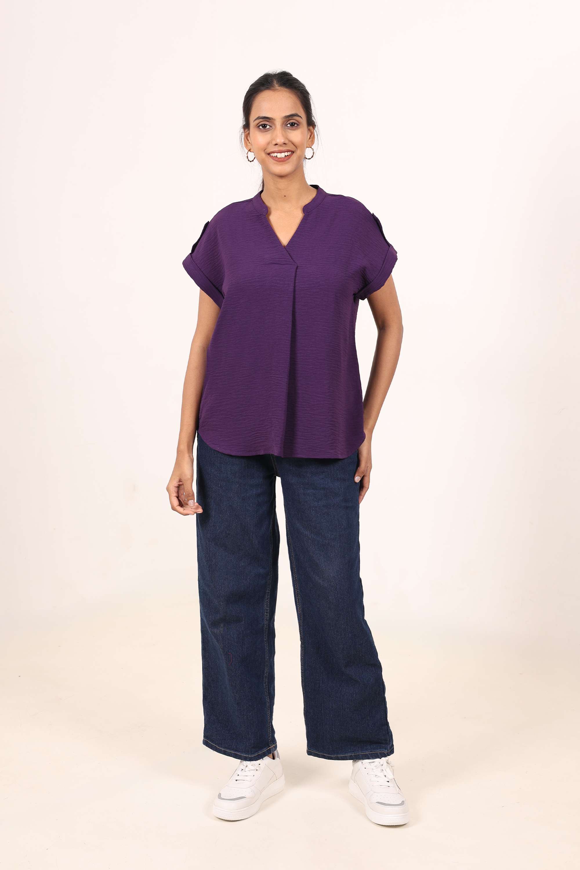Solid-Crepe-Round-Neck-Women-s-Top