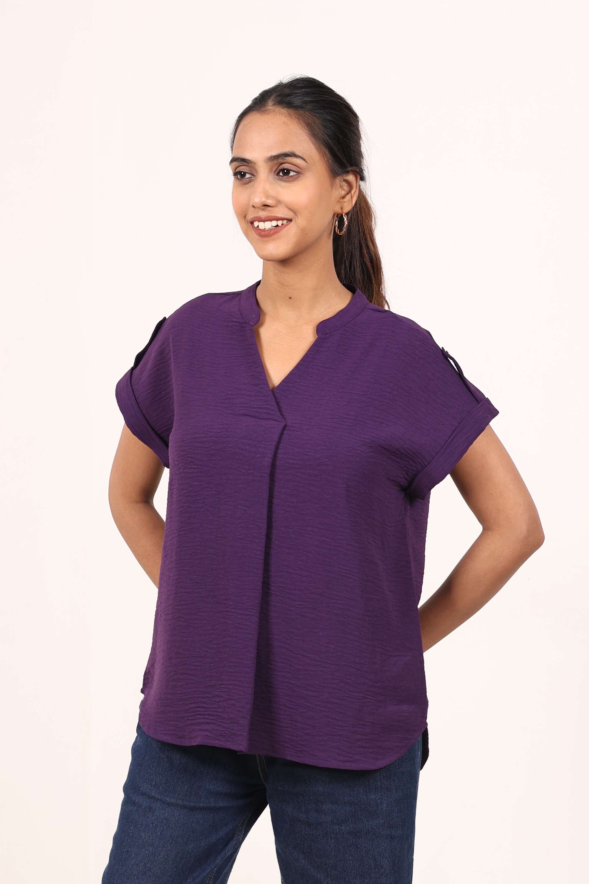 Solid-Crepe-Round-Neck-Women-s-Top