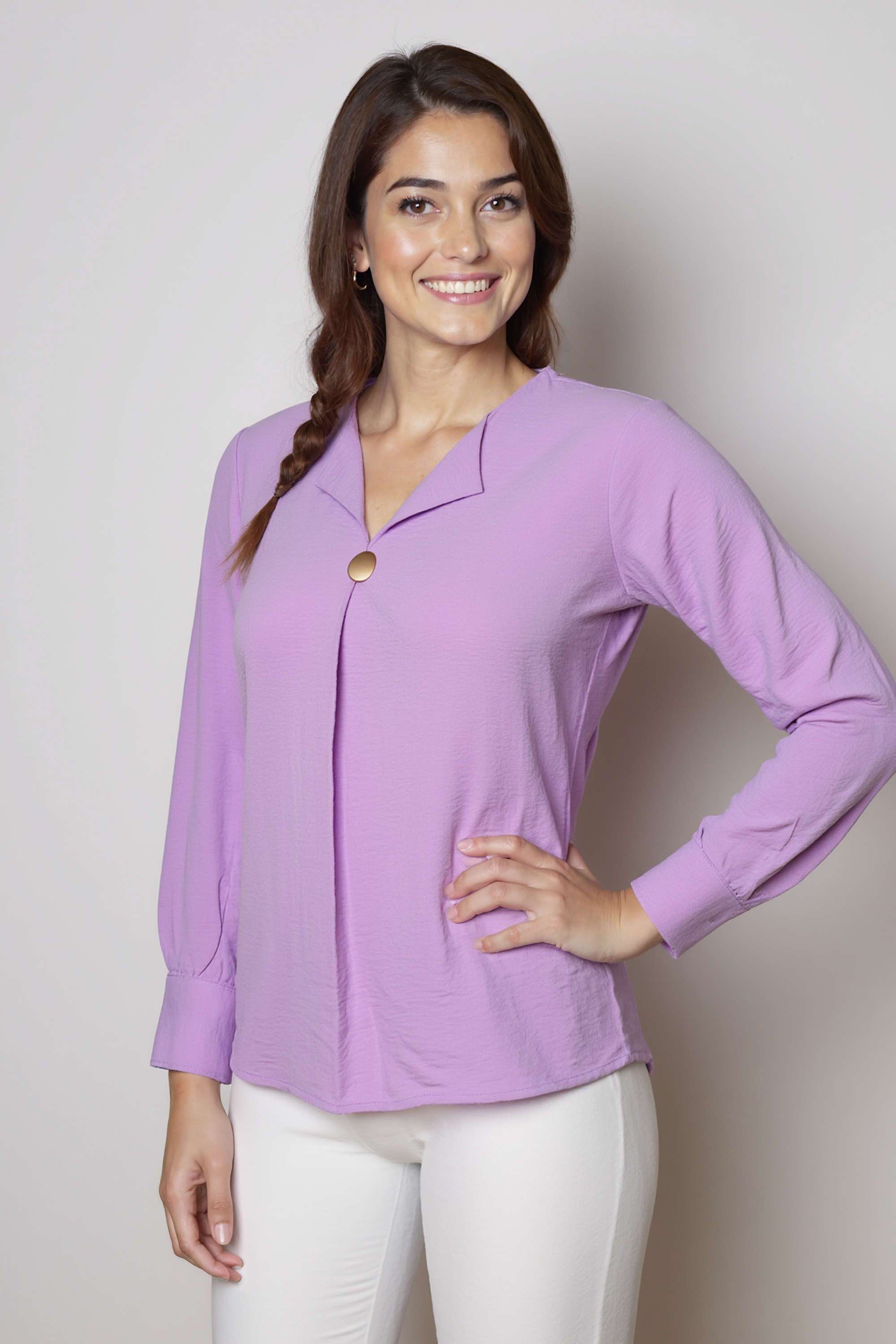 Solid-Blended-Fabric-Round-Neck-Women-s-Top
