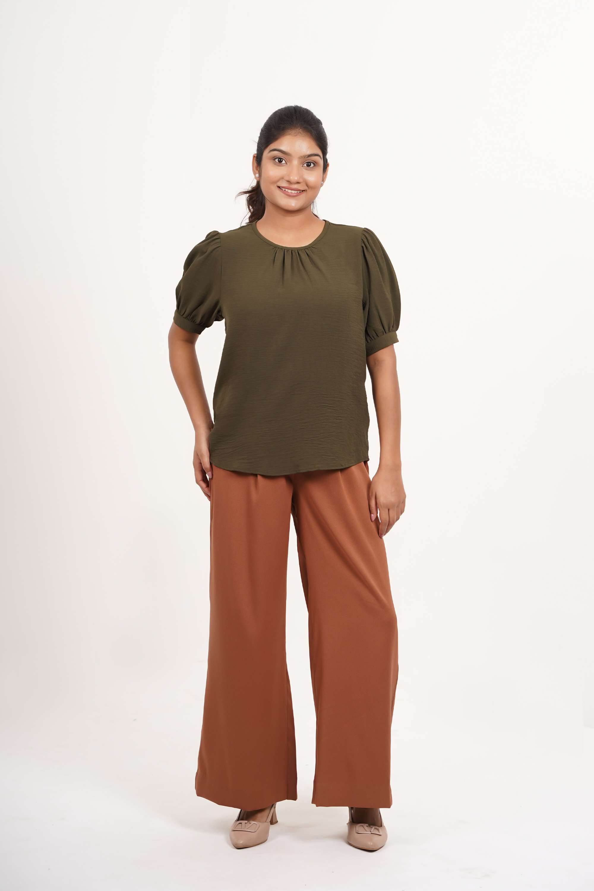 Solid-Polyester-Round-Neck-Women-Top