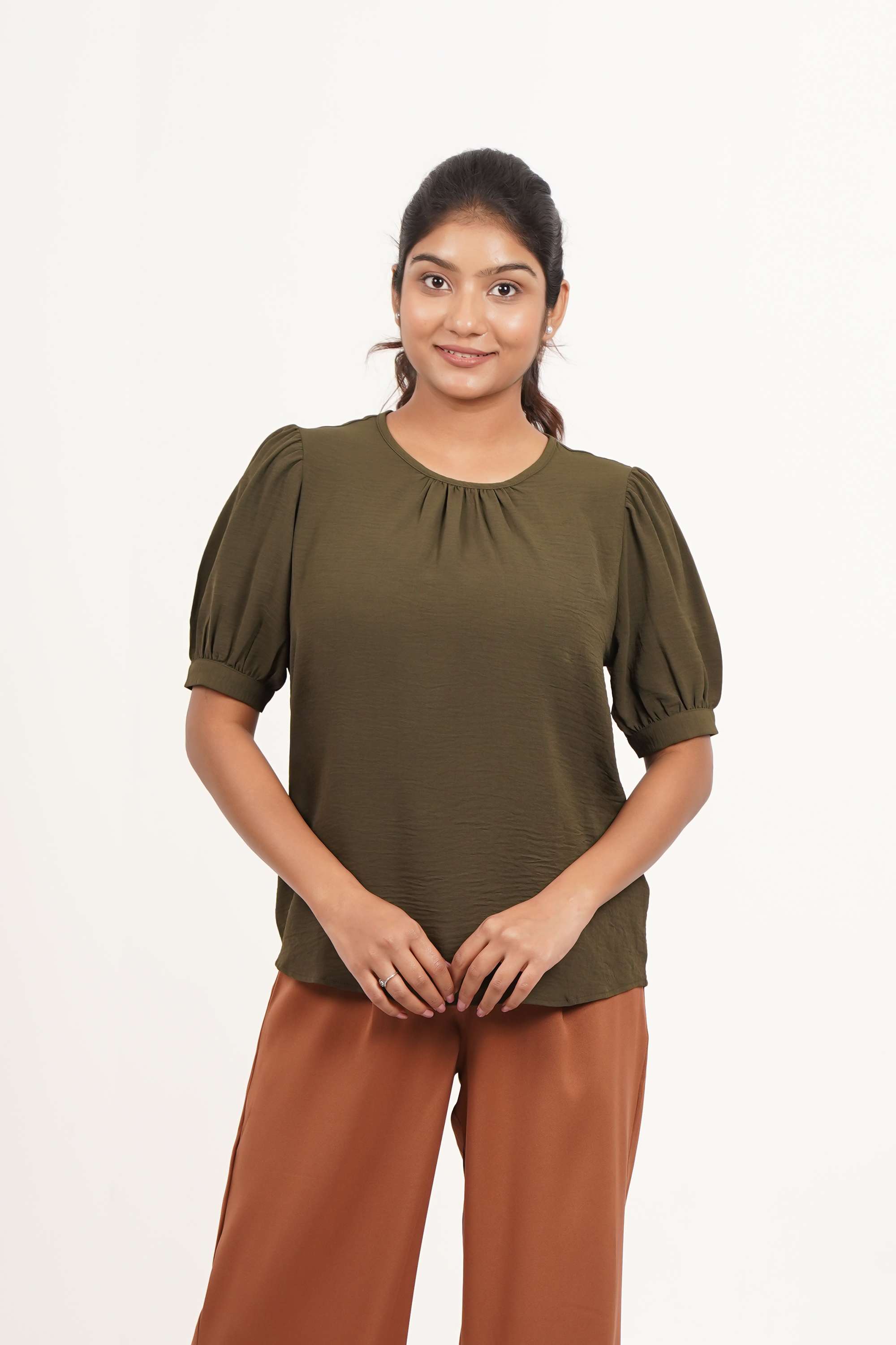 Solid-Polyester-Round-Neck-Women-Top
