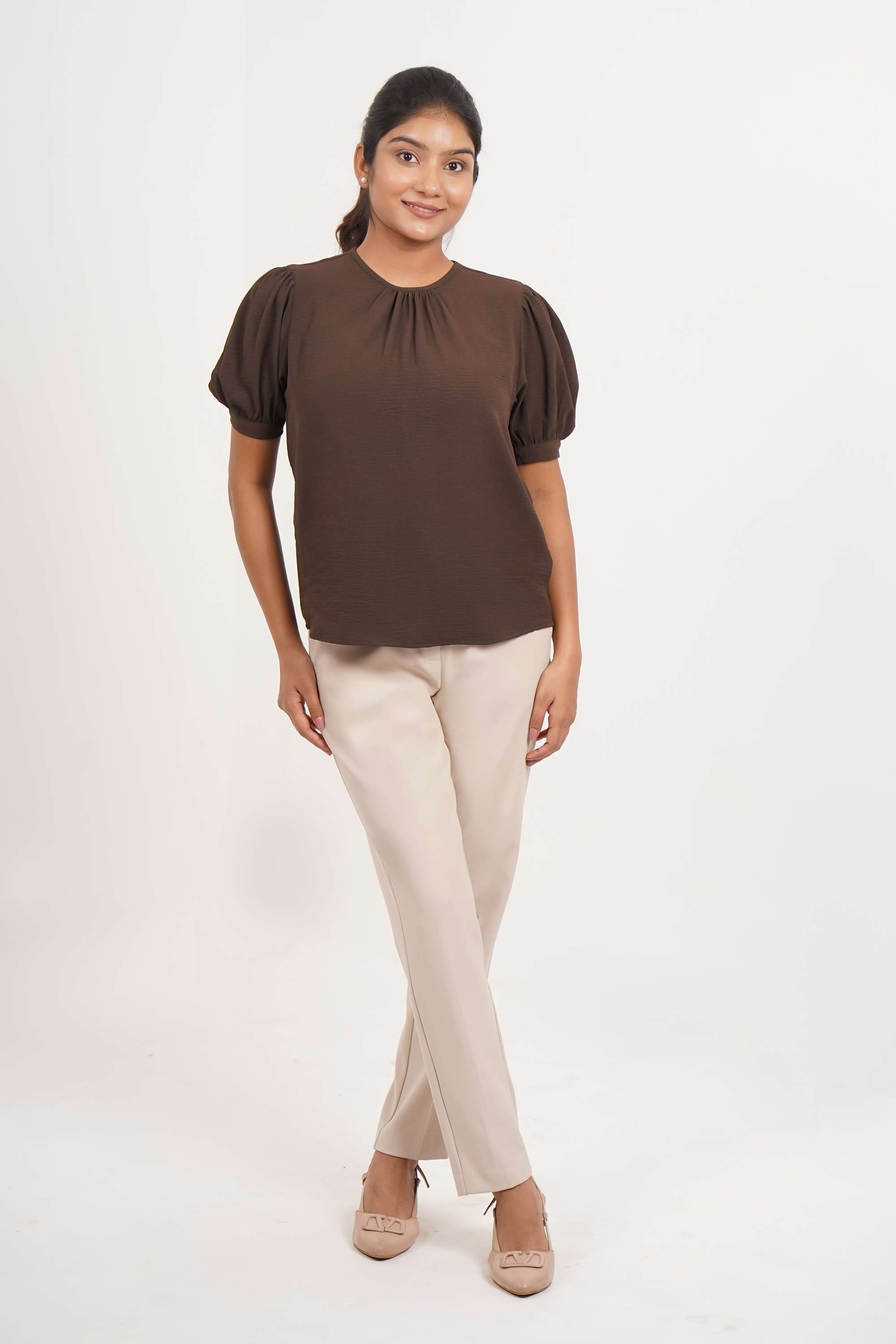 Solid-Polyester-Round-Neck-Women-Top