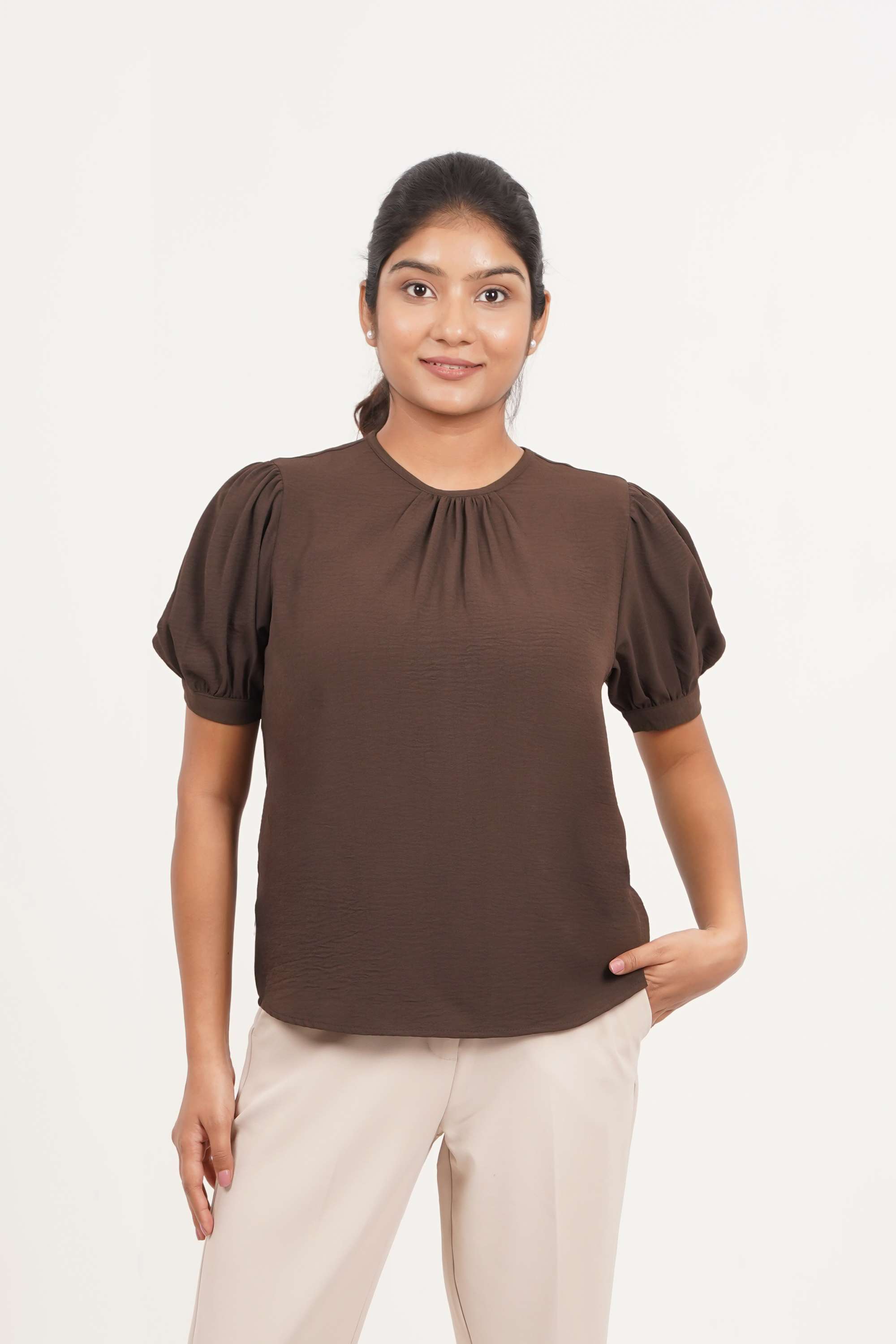 Solid-Polyester-Round-Neck-Women-Top