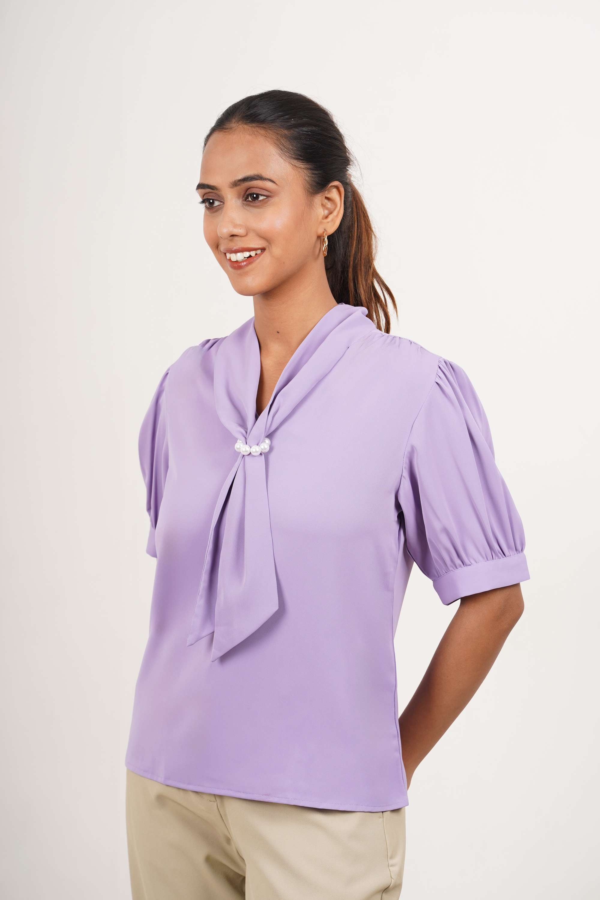 Solid-Blended-Fabric-Women-Formal-Wear-Blouse