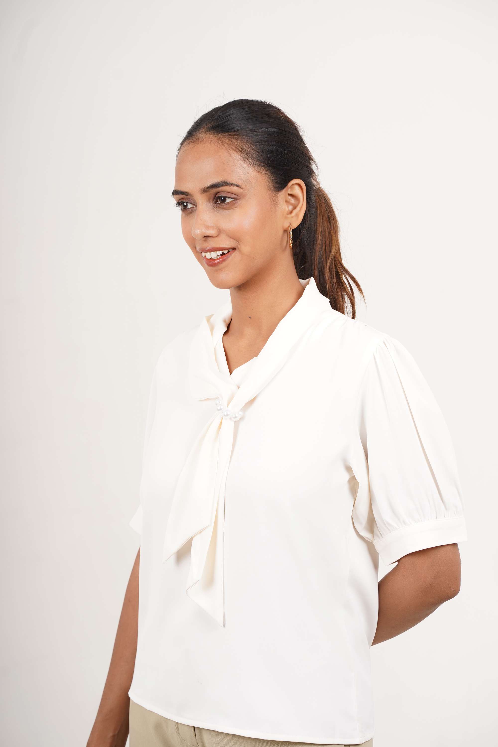 Solid-Blended-Fabric-Women-Formal-Wear-Blouse