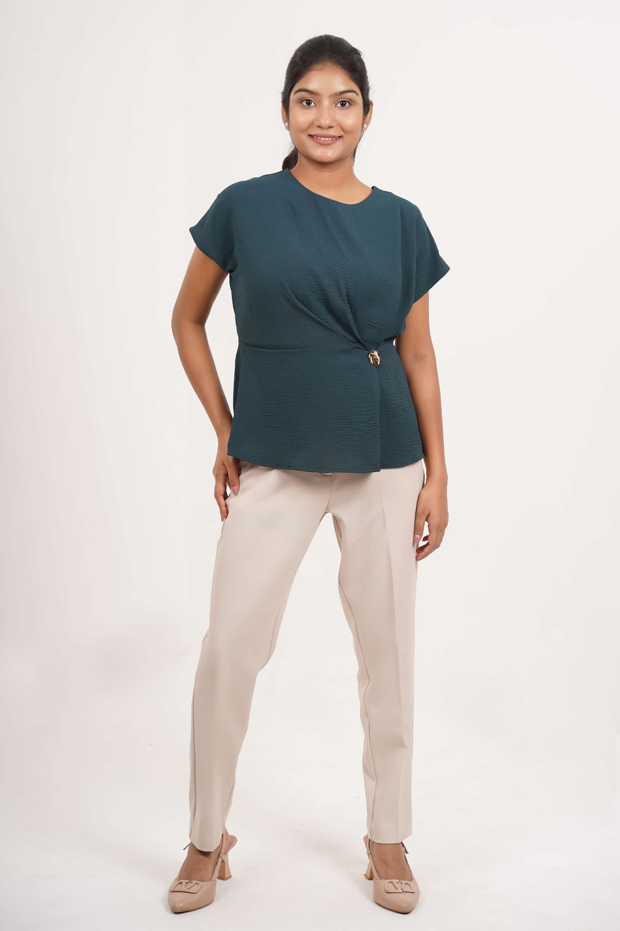 Solid-Polyester-Round-Neck-Women-Top