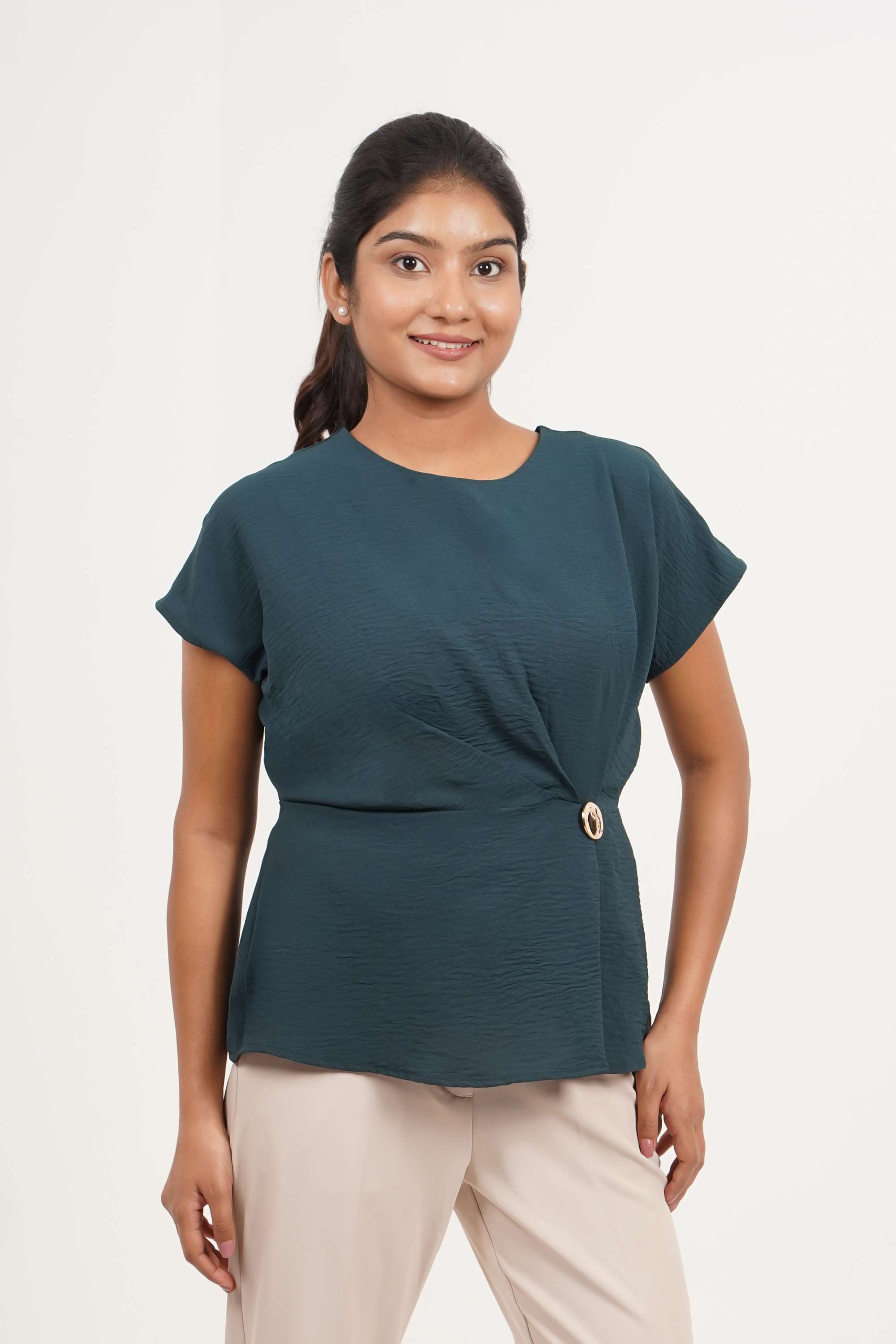 Solid-Polyester-Round-Neck-Women-Top
