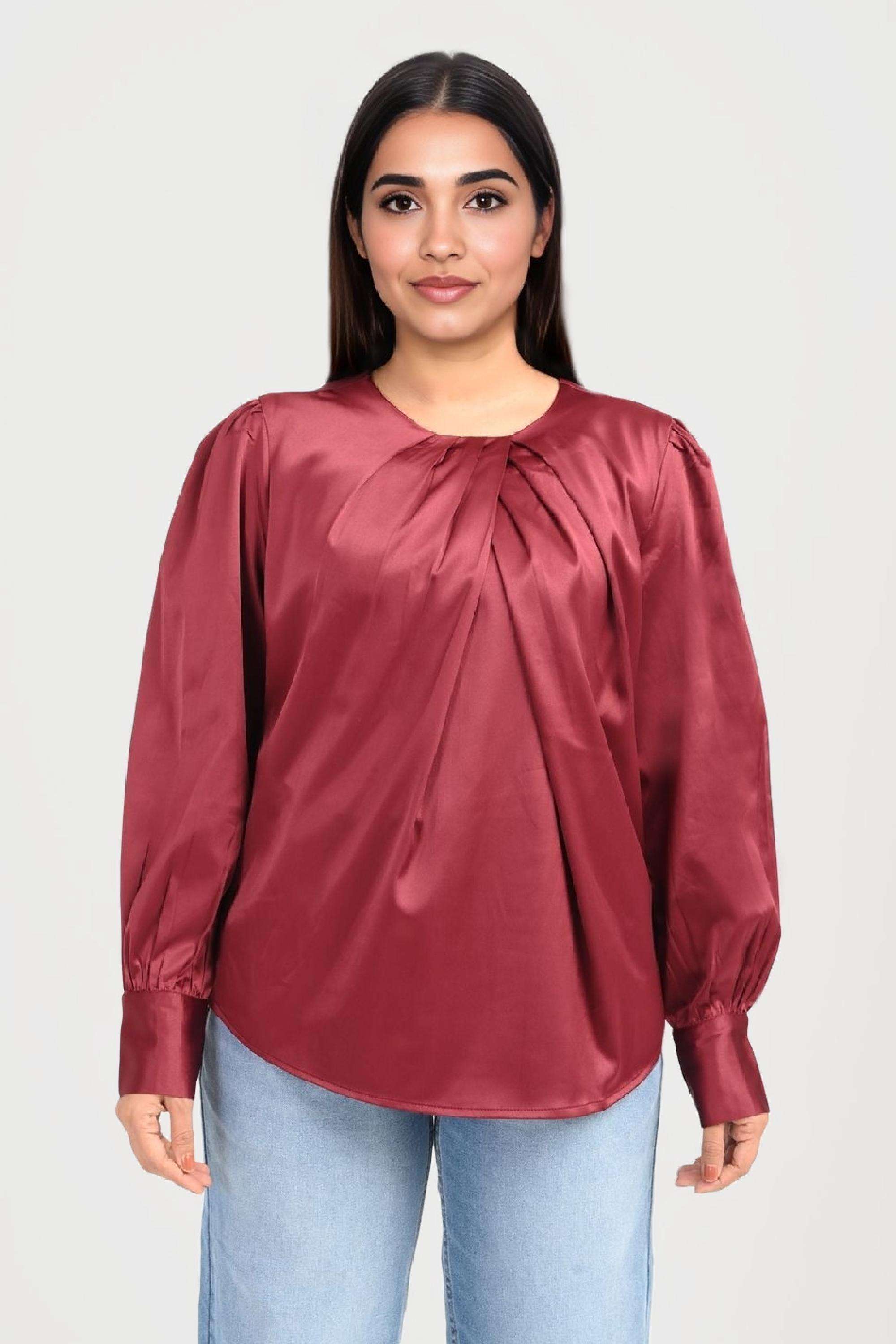 Solid-Satin-Round-Neck-Women-s-Top