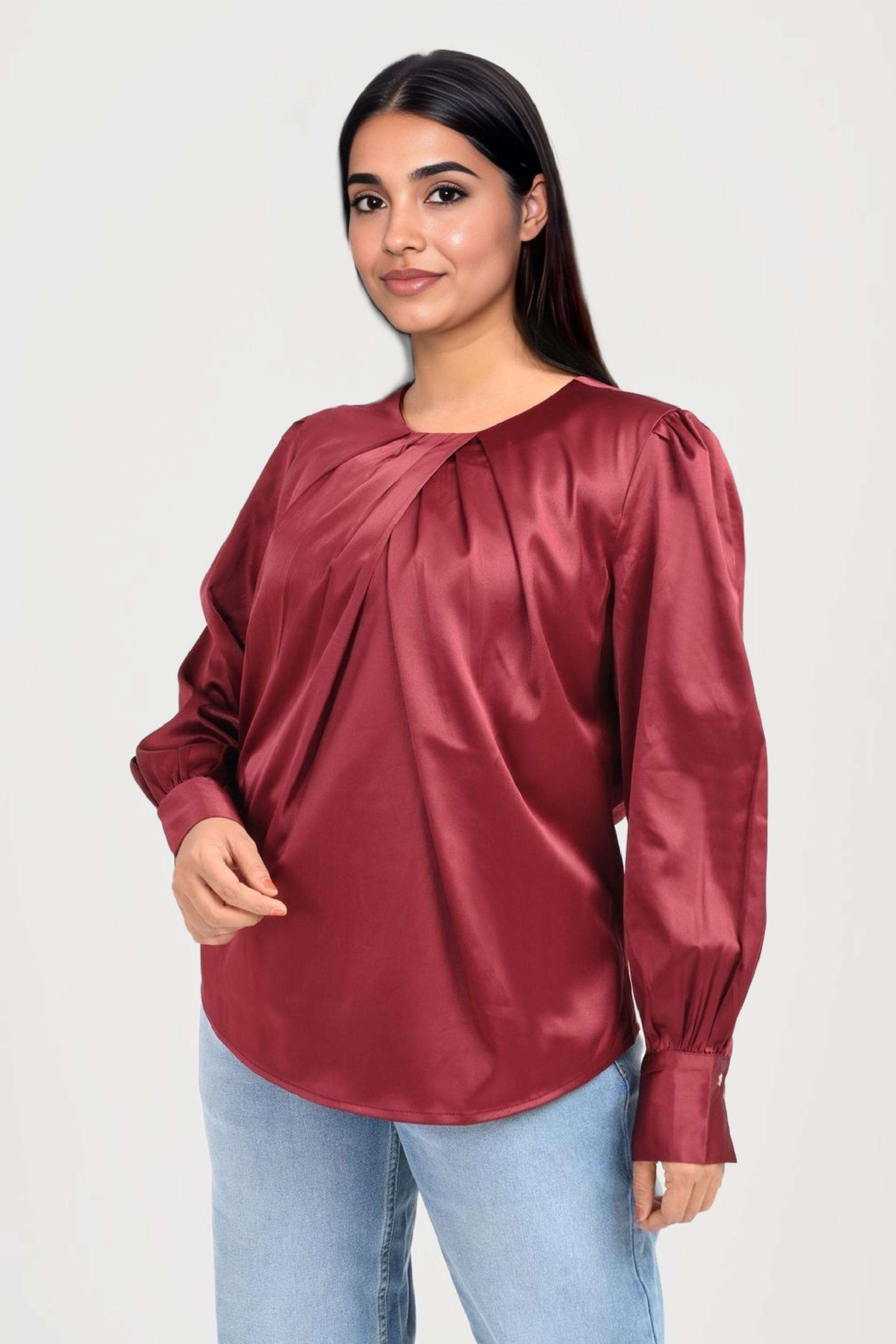 Solid-Satin-Round-Neck-Women-s-Top