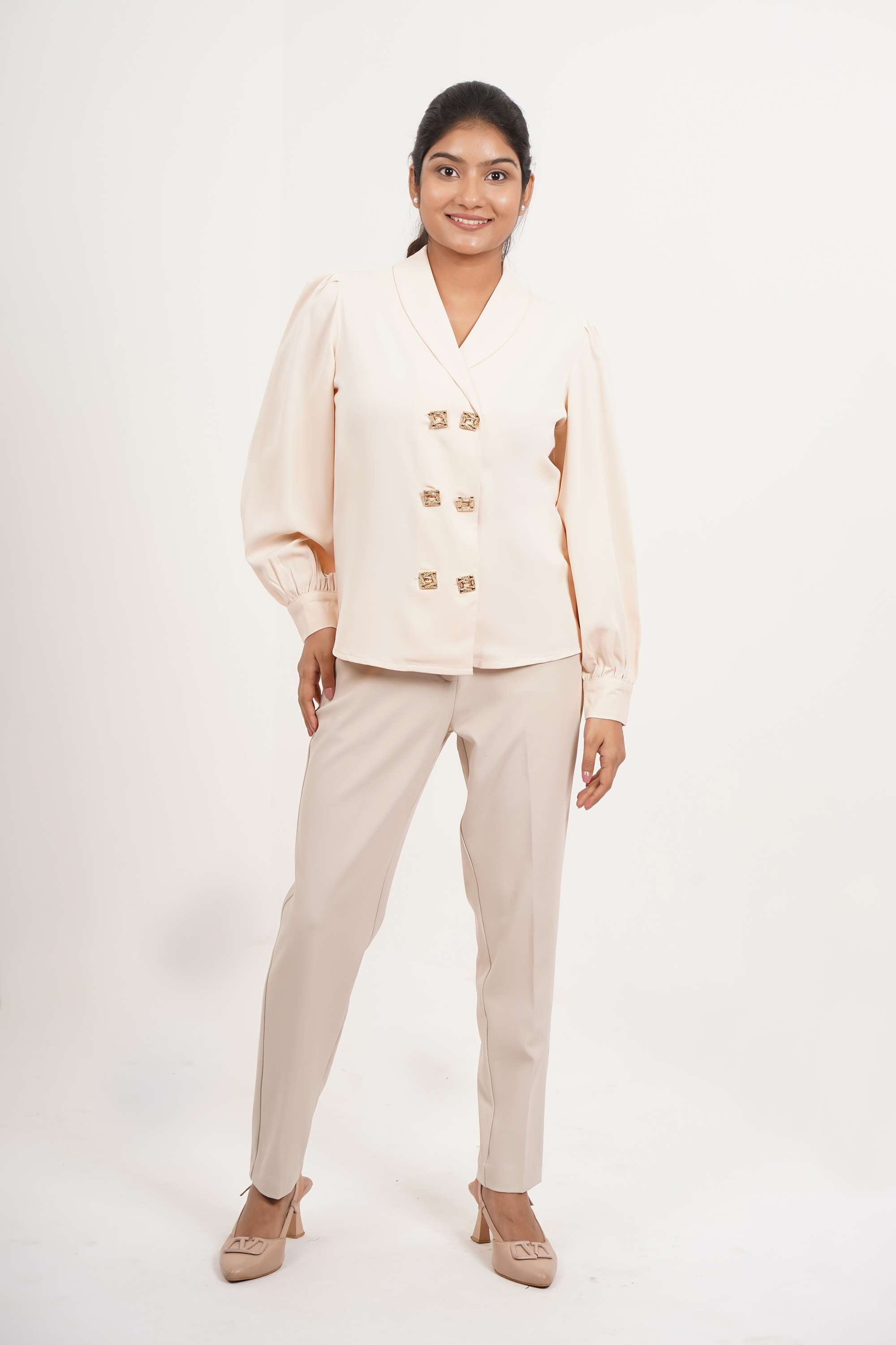 Solid-Polyester-Collared-Women-Top