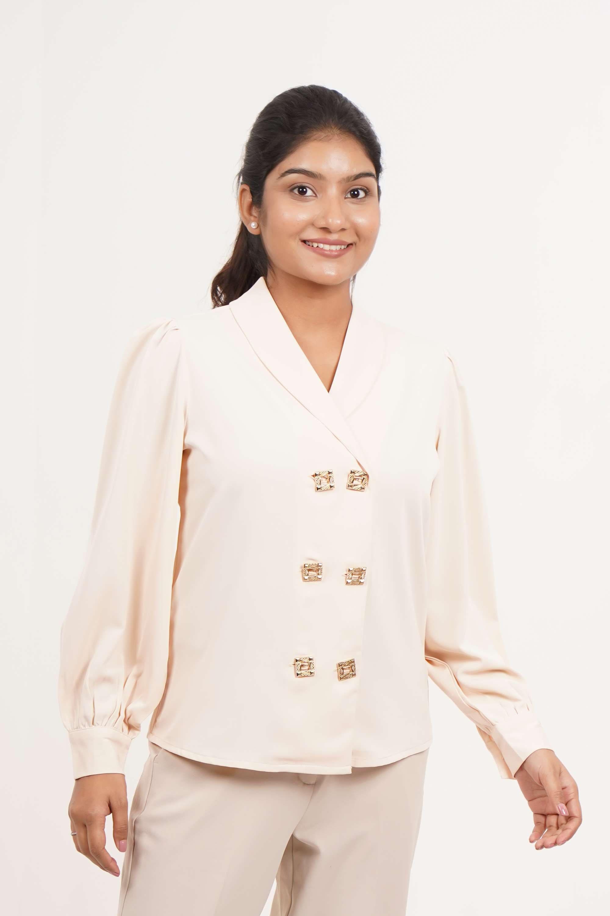 Solid-Polyester-Collared-Women-Top