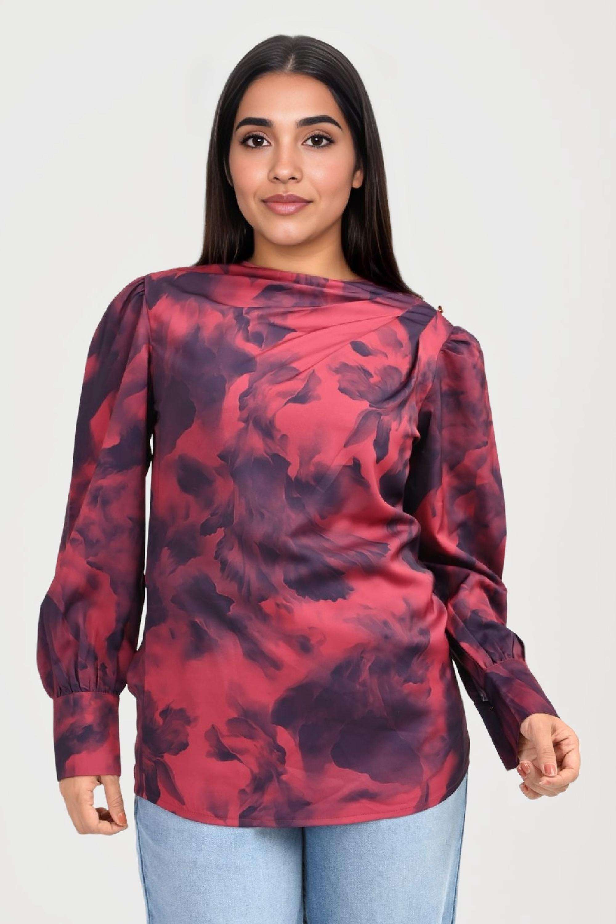 Printed-Satin-Round-Neck-Women-Formal-Wear-Top