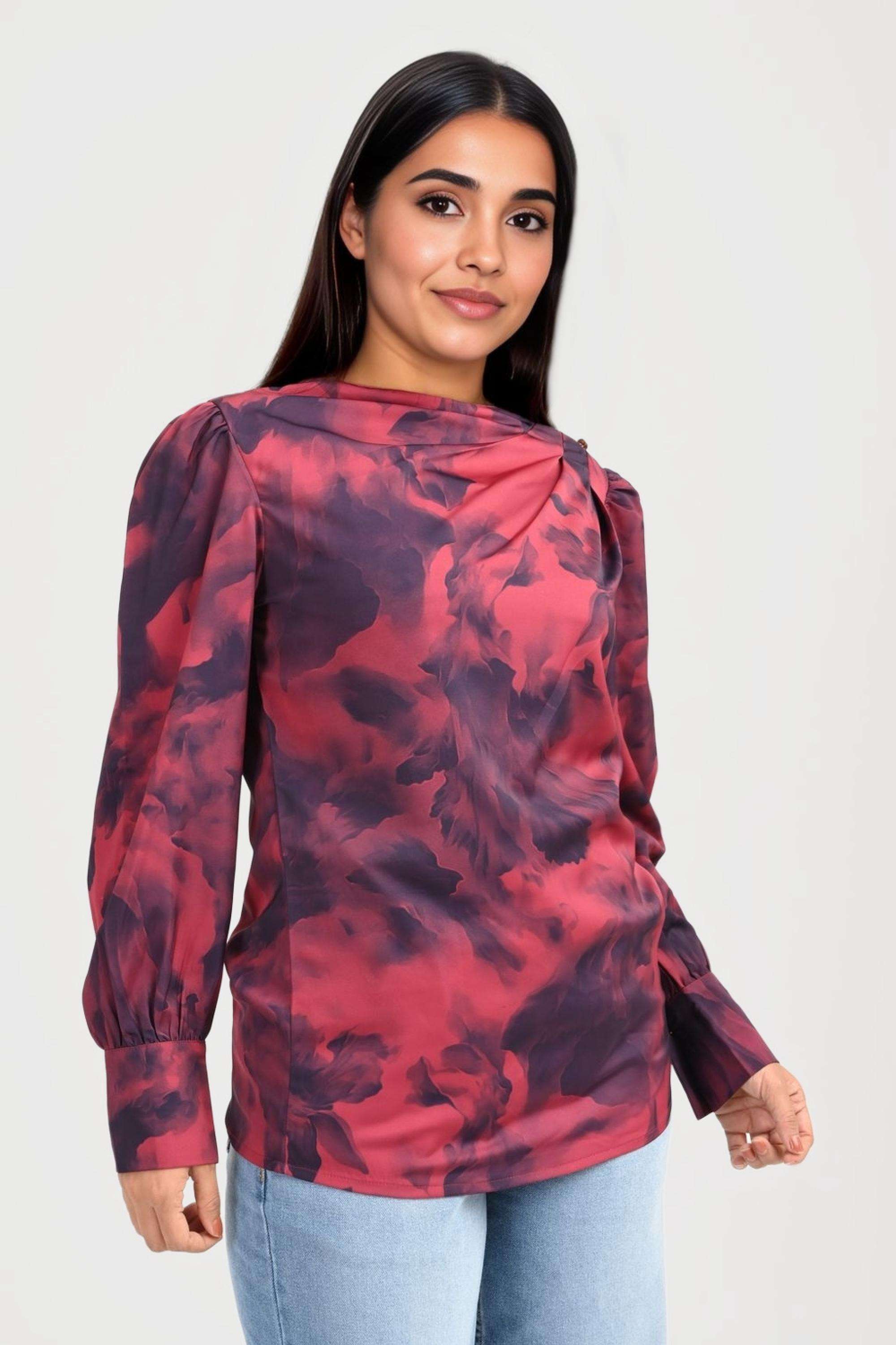 Printed-Satin-Round-Neck-Women-Formal-Wear-Top