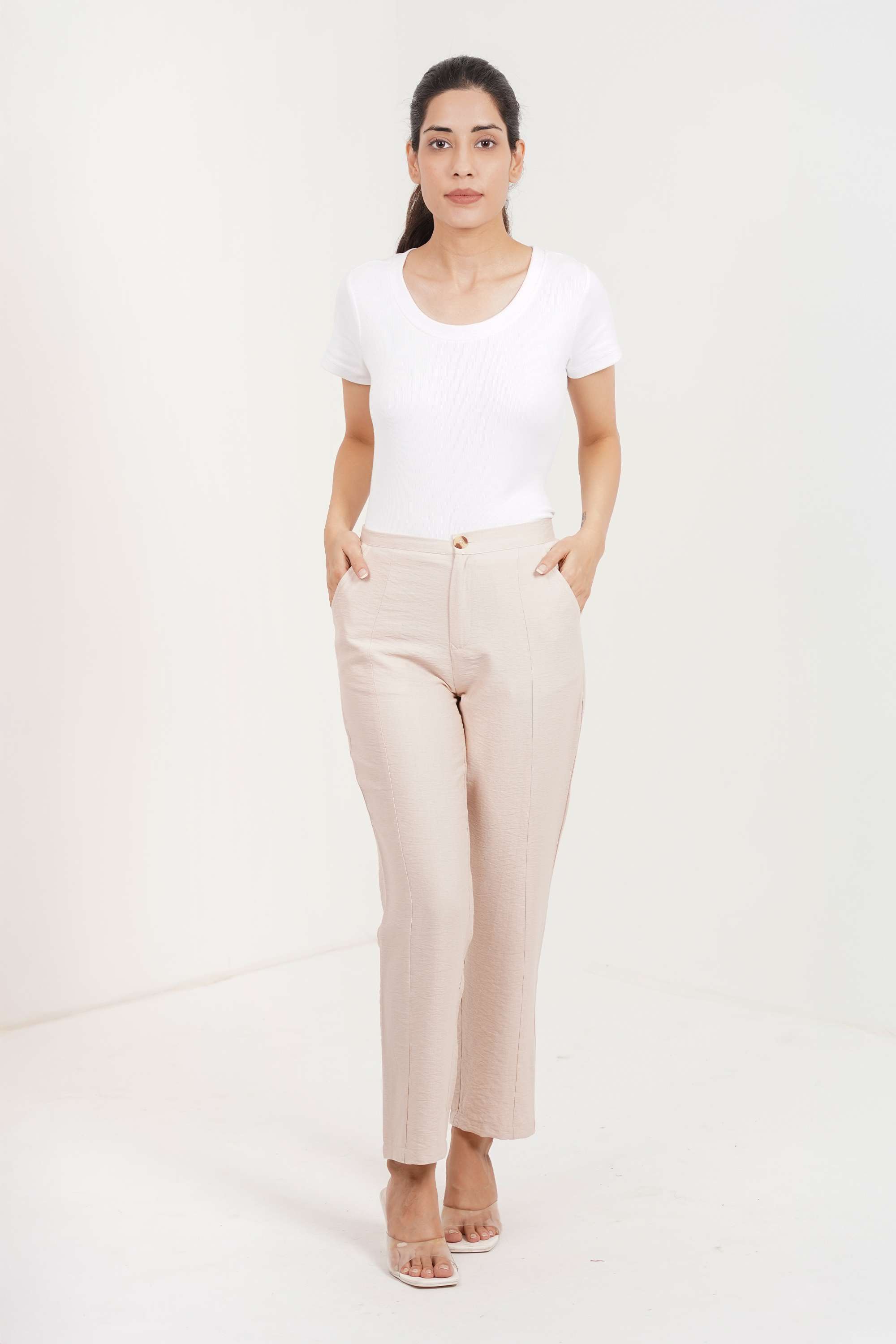Solid-Full-Length-Blended-Fabric-Straight-Fit-Casual-Wear-Women-Pants
