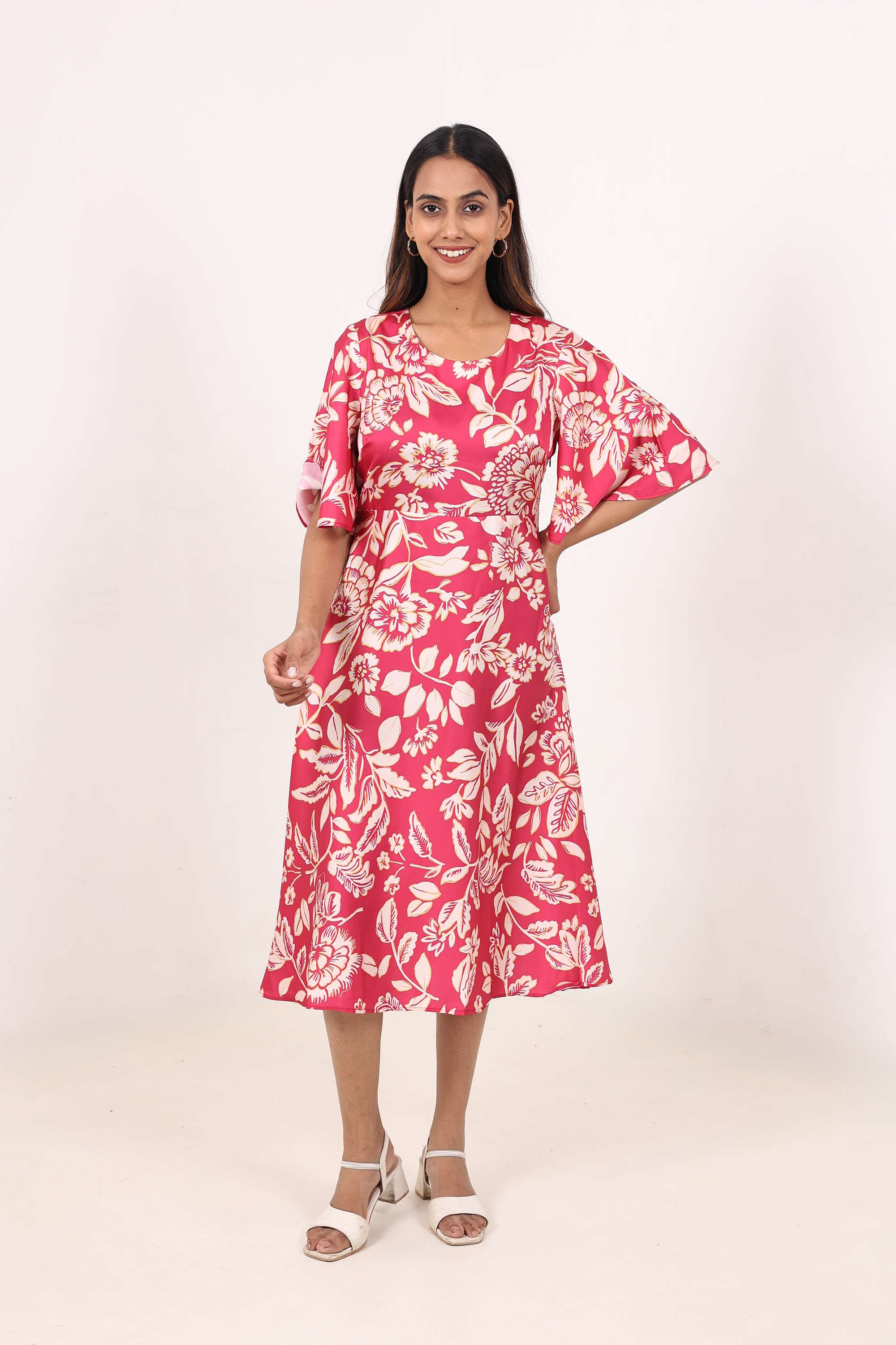 Printed-Satin-Round-Neck-Women-s-Dress