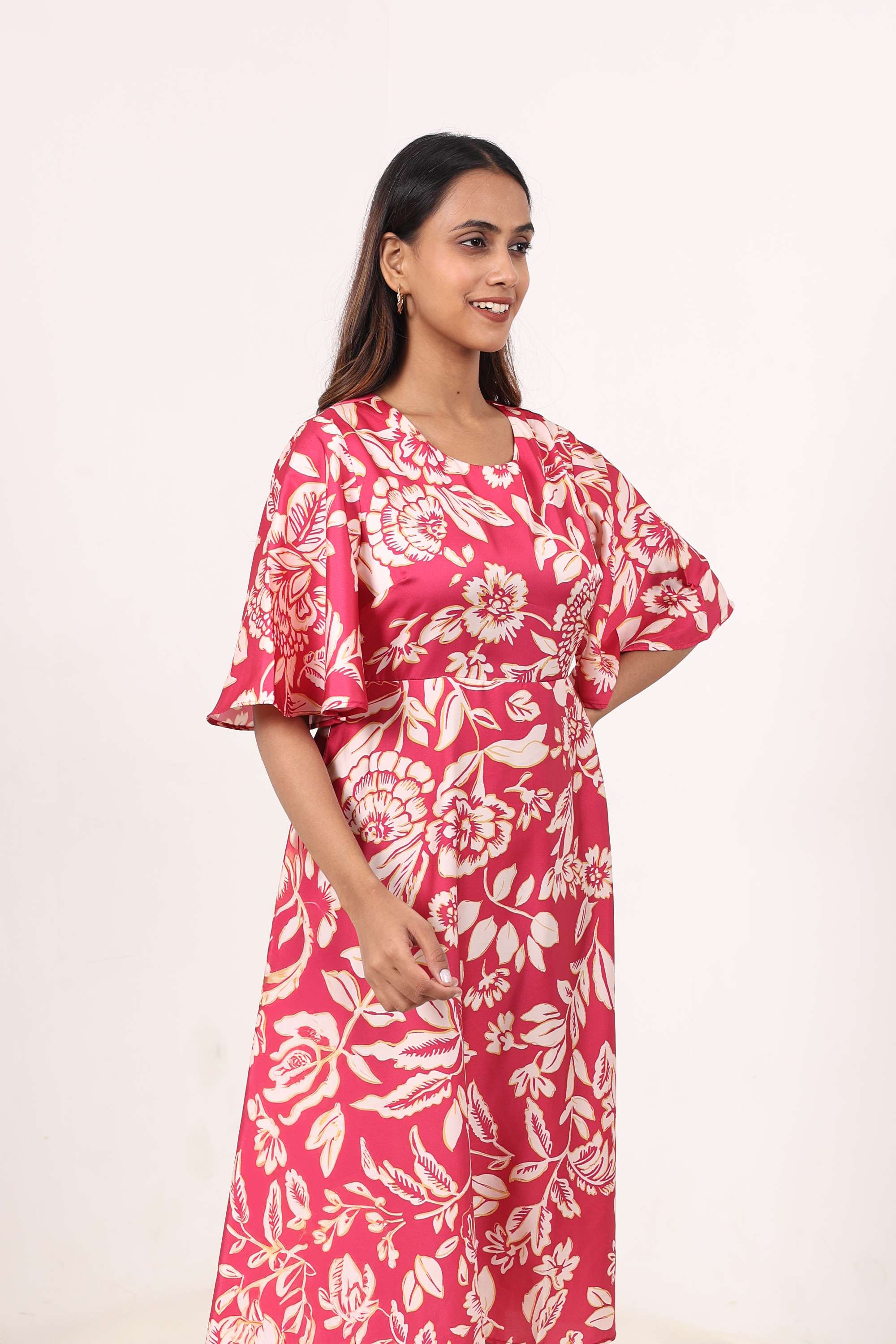 Printed-Satin-Round-Neck-Women-s-Dress