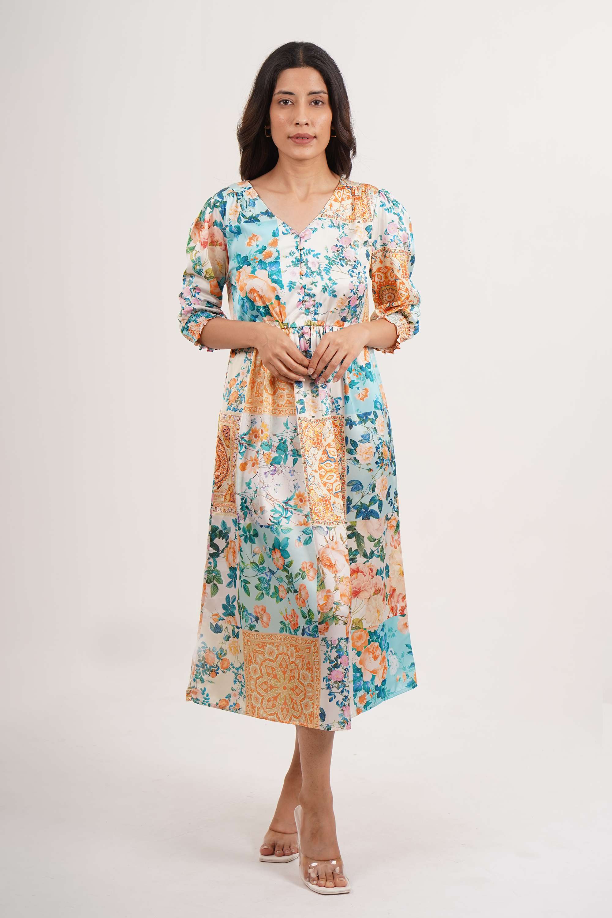 Printed-Satin-V-Neck-Women-s-Dress