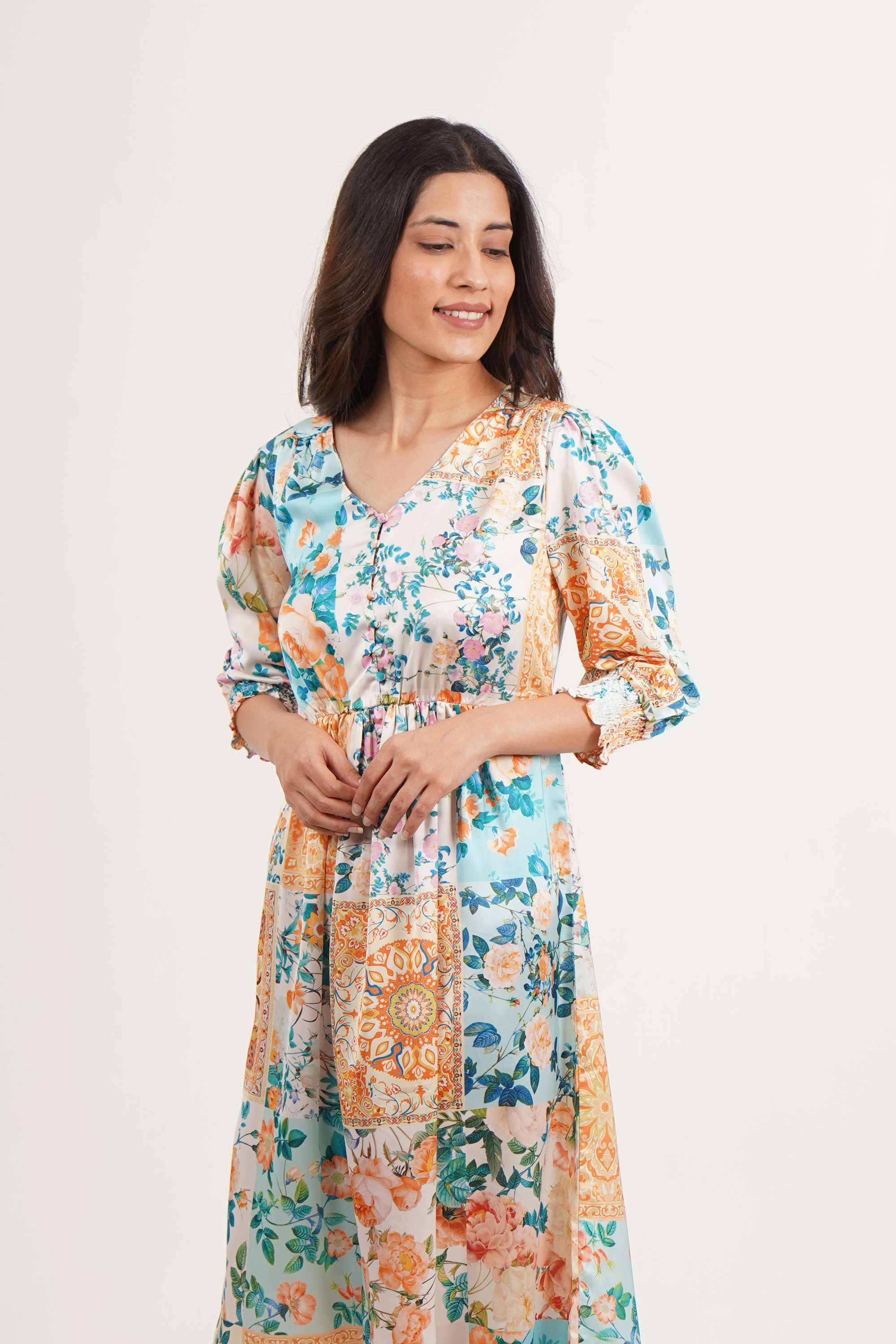 Printed-Satin-V-Neck-Women-s-Dress