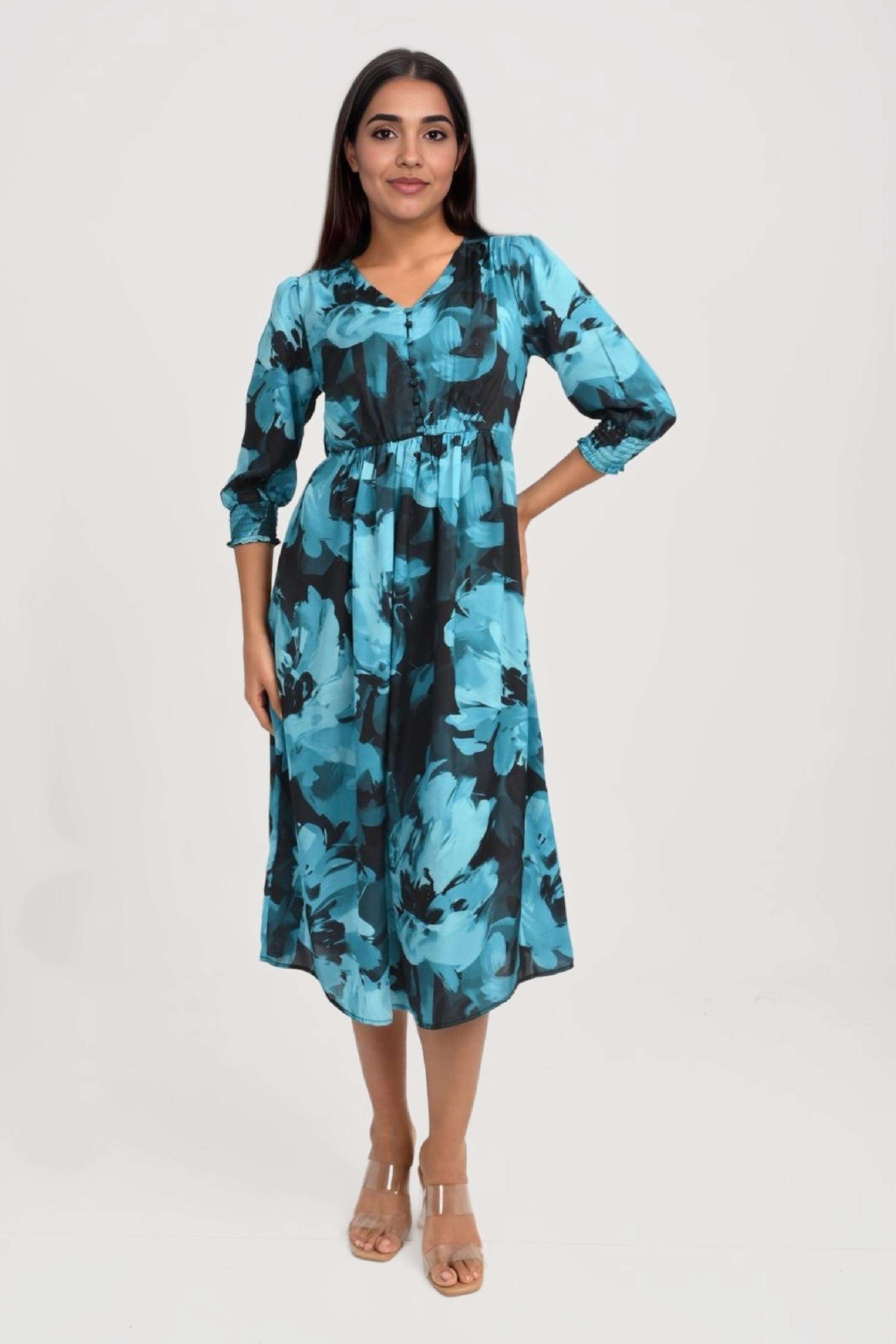 Printed-Satin-V-Neck-Women-s-Midi-Dress