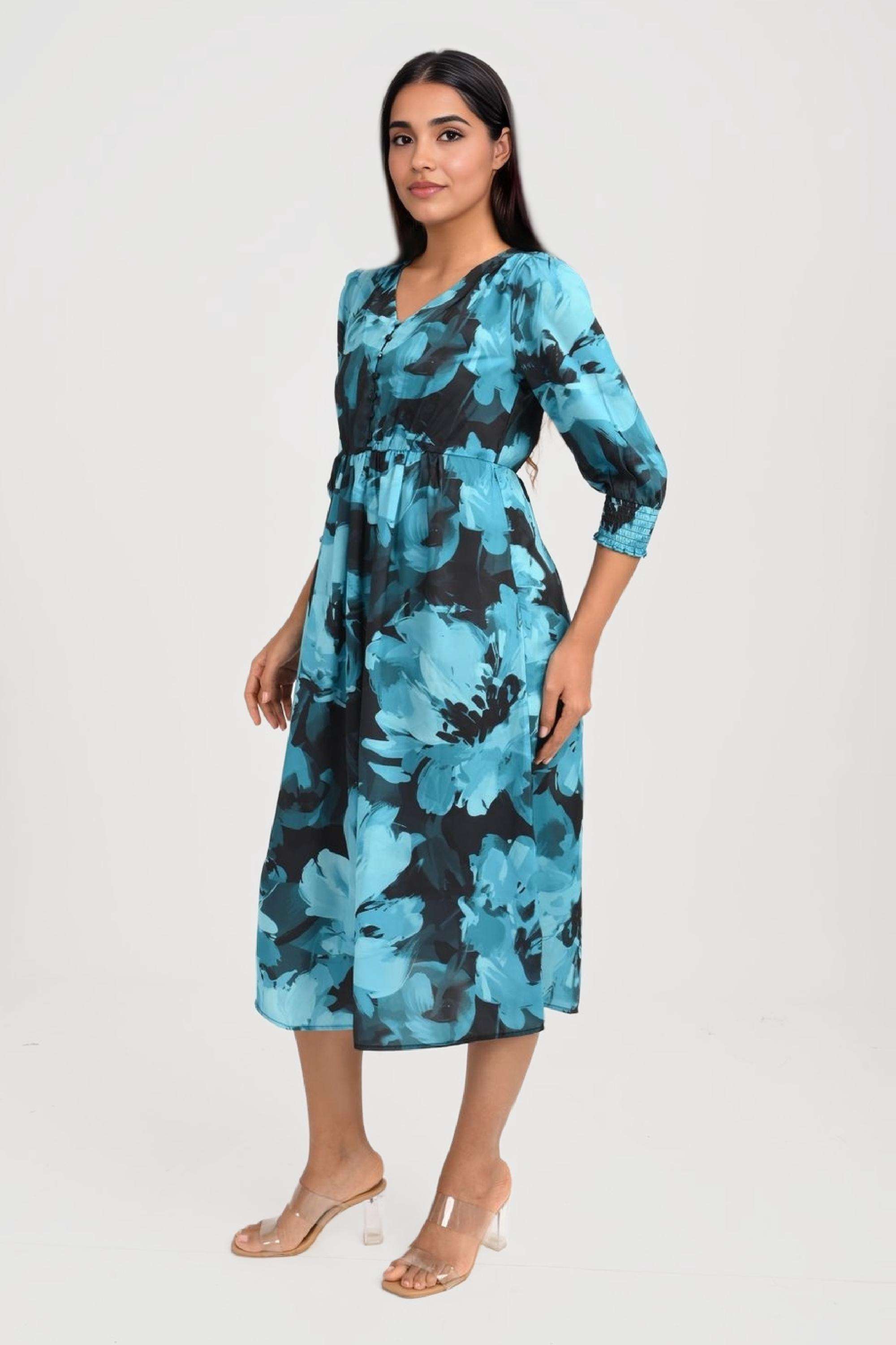 Printed-Satin-V-Neck-Women-s-Midi-Dress